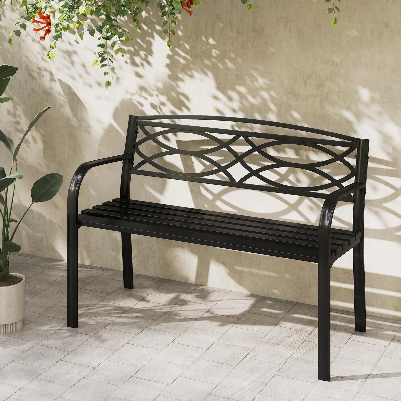 KOMFOTTEU Panca da Esterno in Metallo, Panchina da Giardino 2 Posti con Braccioli, Schienale Ergonomico e Seduta a Doghe, Resistente agli Agenti Atmosferici, Panca da Terrazza, Parco, Cortile, Nero