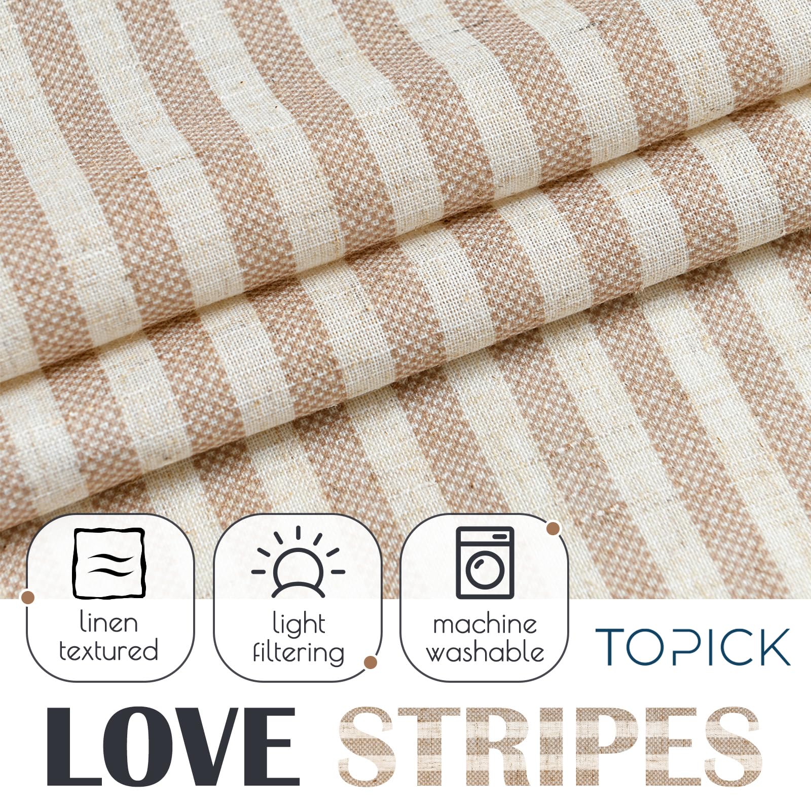 TOPICK Taupe Striped Kitchen Curtains, Light Filtering Small Cafe Curtains 45 Inch Drop - Image 3