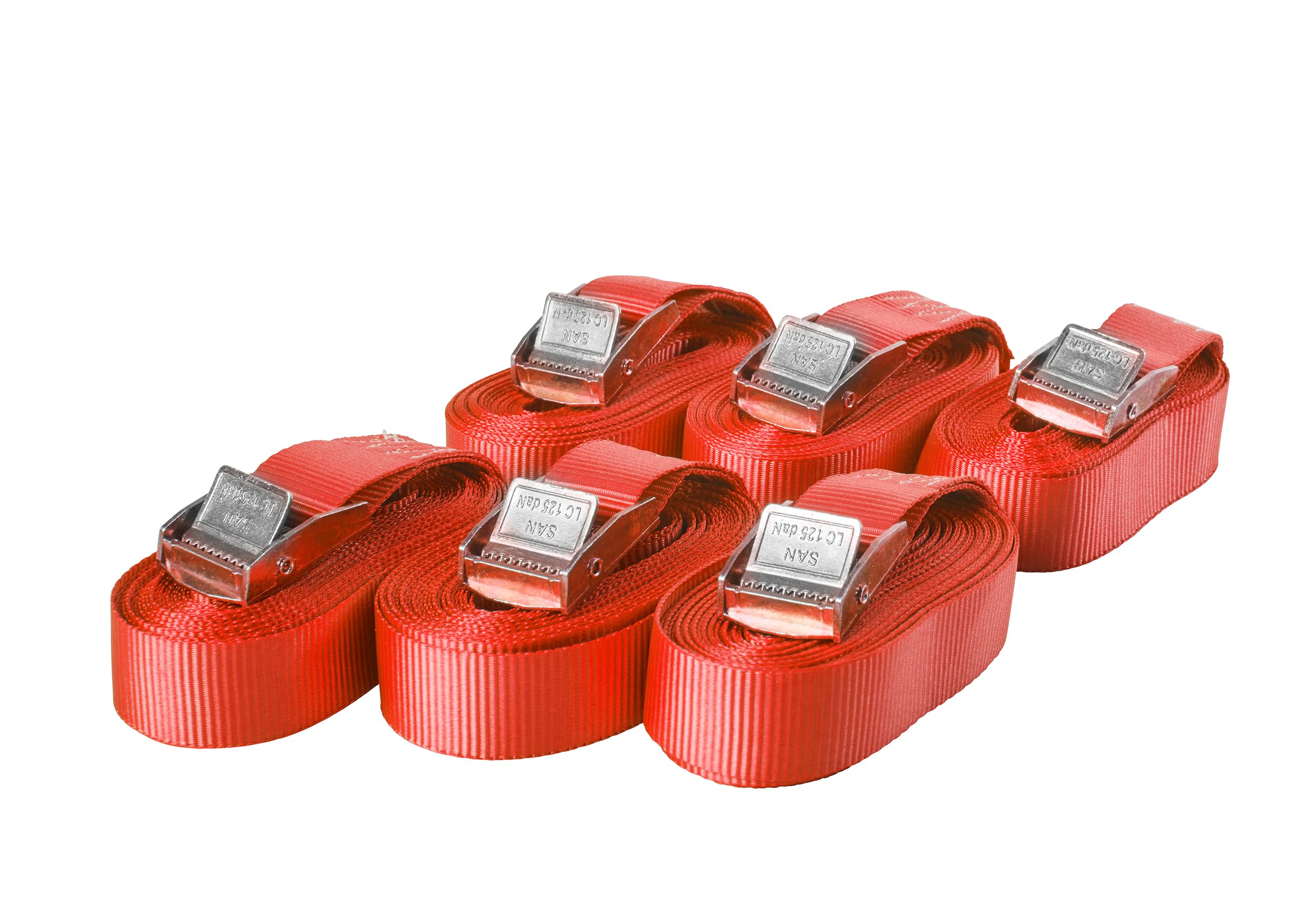 Lot de 6 Sangles d'arrimage avec Boucle, Ceinture à Blocage par Serrage, Sangles de Fixation Charge Max. 250 kg, Selon DIN en 12195-2, Longueur 3m Largeur 25mm, en Une pièce, Rouge