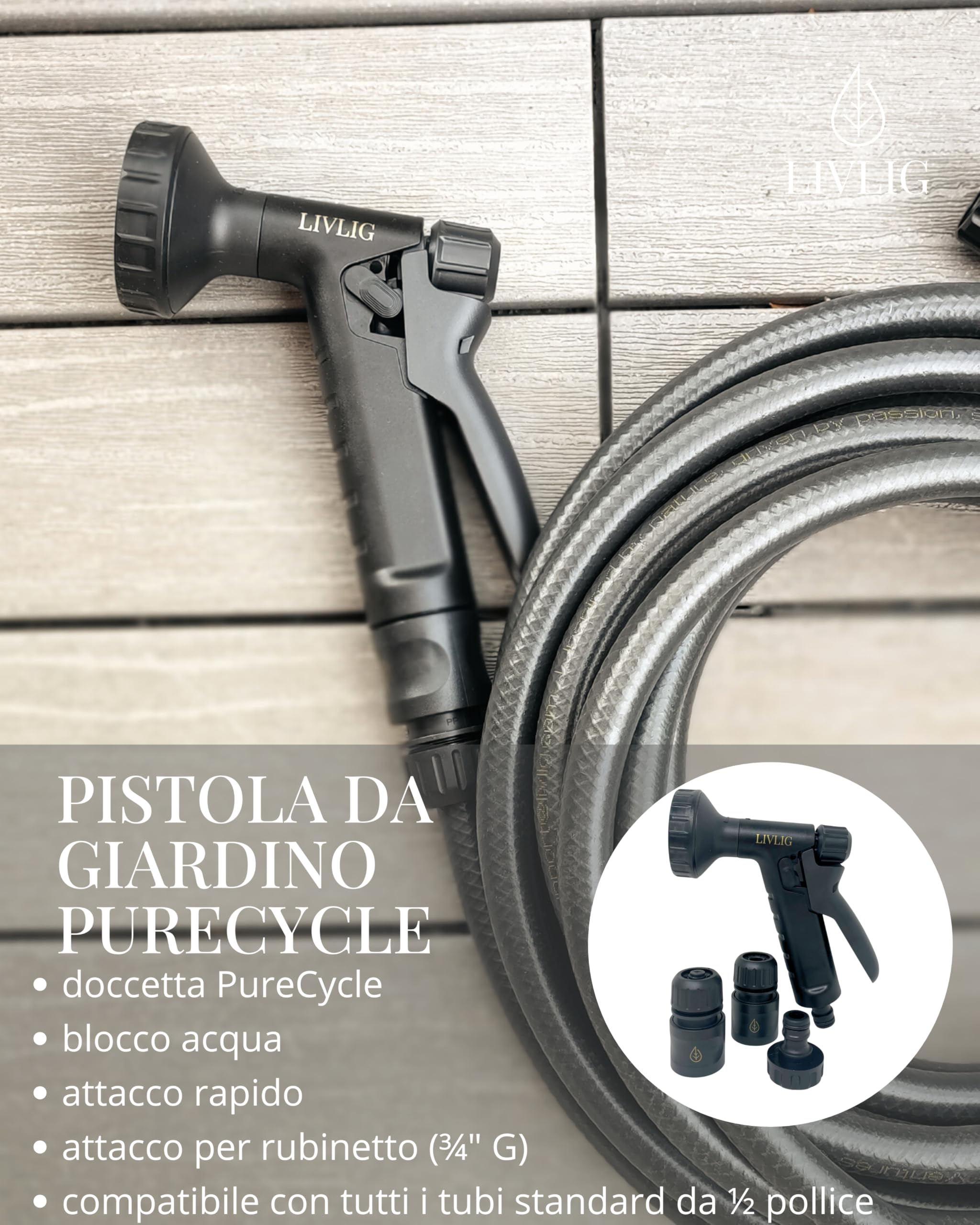 LIVLIG Tubo da giardino 30 m in set, tubo da giardino nero in materiale riciclato all'85%, tubo dell'acqua con soffione da giardino e connettore per tubo da 1/2", PureCycle