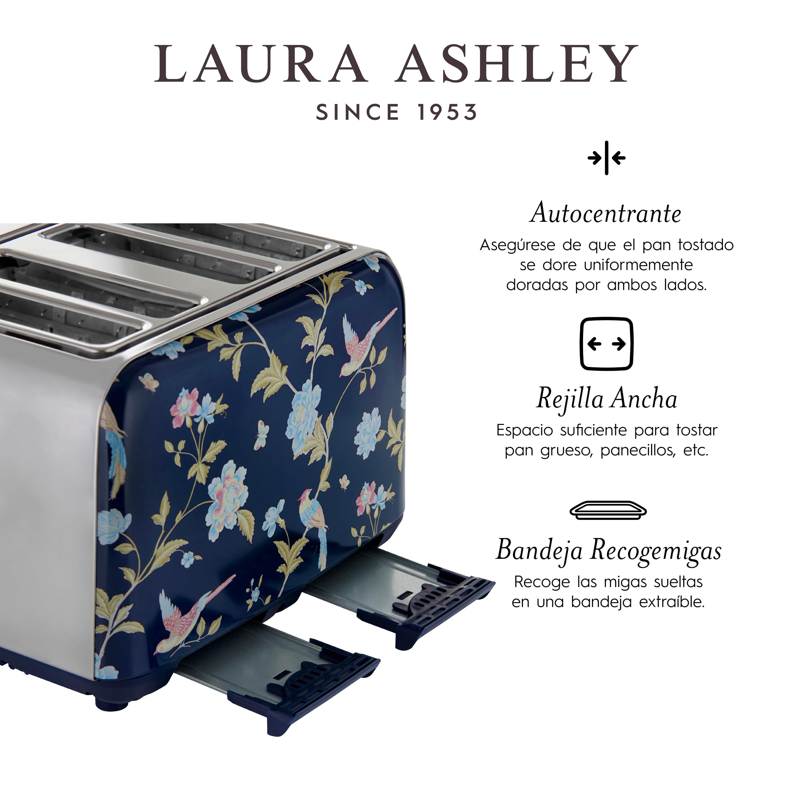 VQ Laura Ashley Elveden Navy Tostadora Acero Inoxidable 4 Ranuras | Modos Calefacción Descongelación Recalentamiento Ajustables Vintage Soporte Calentar Croissants