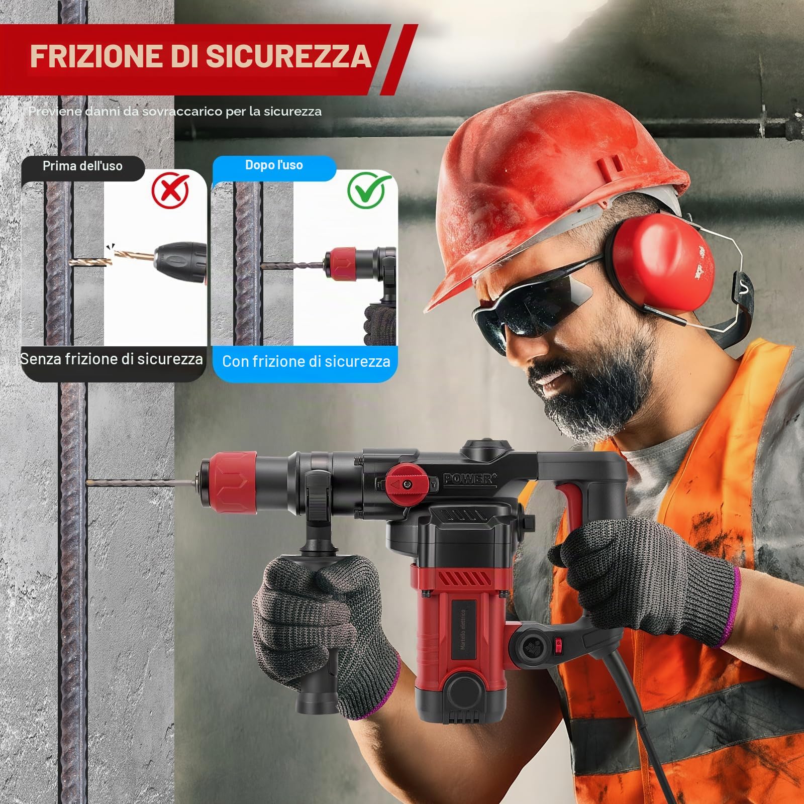 1200W martello demolitore,5J Energia d'impatto,6 livelli regolabili,Velocità al minimo 1050 giri/min,con 4 punte SDS plus 6/8/10/12 mm, trapano multifunzionale Impugnatura antivibrante