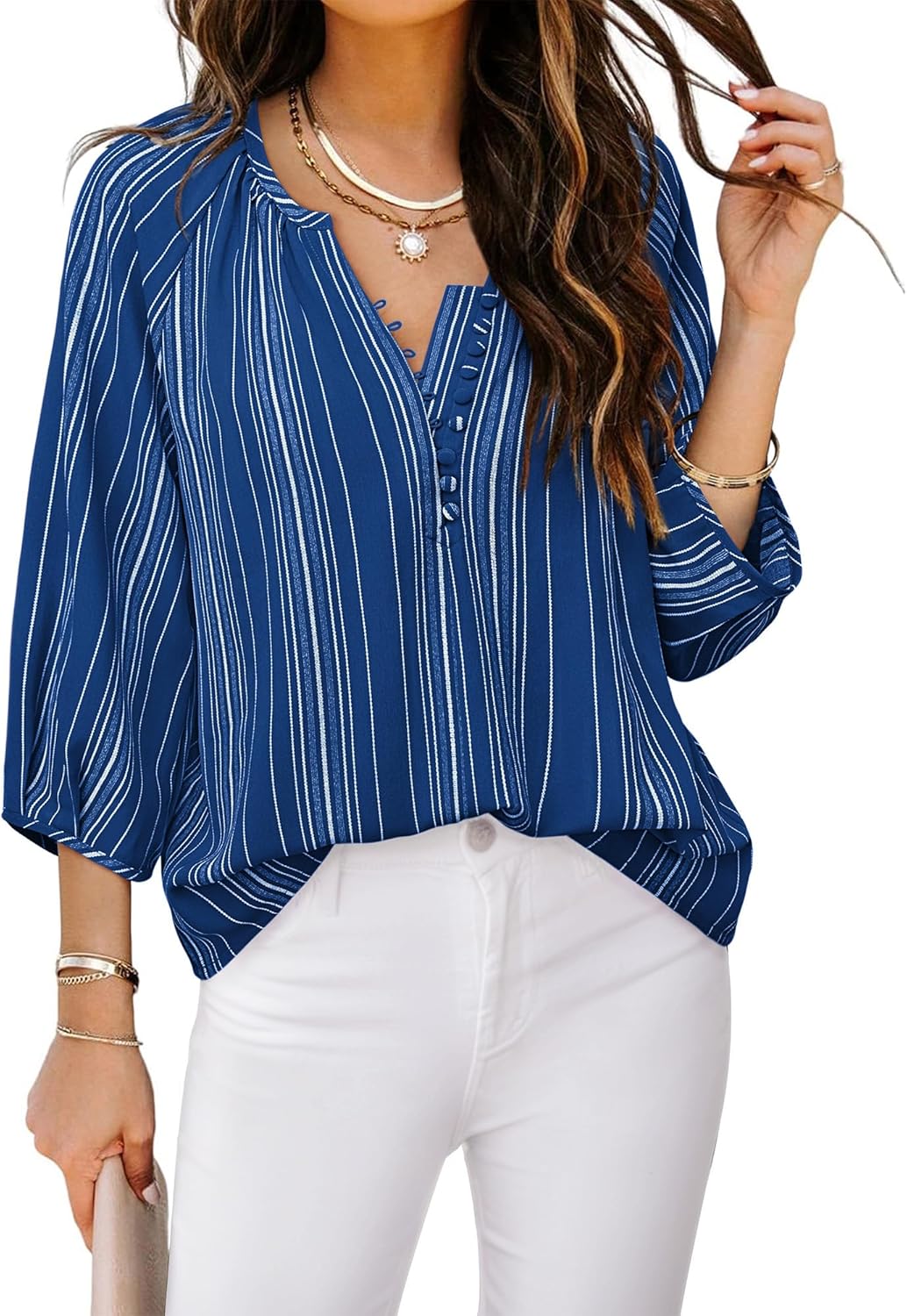 Womens Blouses Dressy Casual V Neck 3/4 Sleeve Tops Fashion Boho Chiffon Button Down Shirts