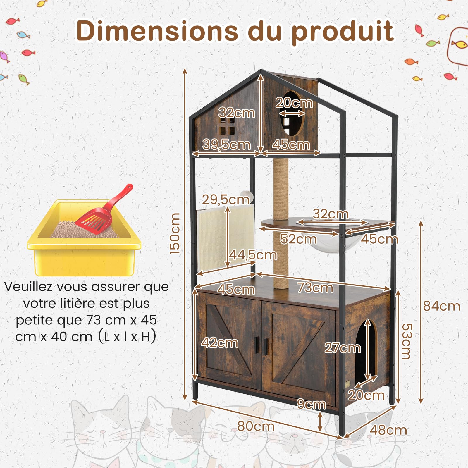 COSTWAY Meuble Litiere Chat, Tapis et Poteaux à Griffer en Sisal, Condo, Capsule, Masion Chat, 3 Trous Ventiles, Coussinets Réglables, Arbre a Chaton avec Litiere Intégrée, 80 x 48 x 150 cm
