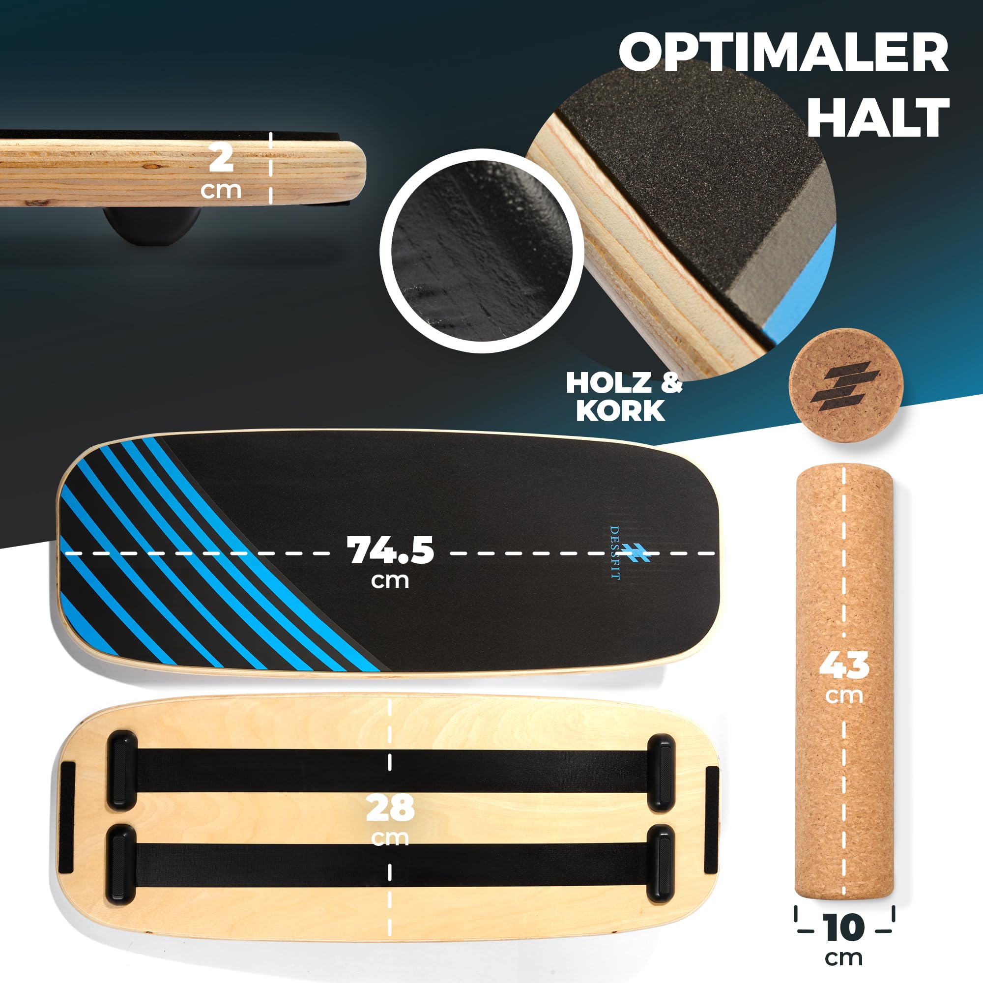 Balance Board Holz – Dessfit mit Korkrolle für Erwachsene & Kinder | Surfin Balance Board · Surf Balance Board · Gleichgewichtstrainer · Wackelbrett · Wackelbrett Physiotherapie