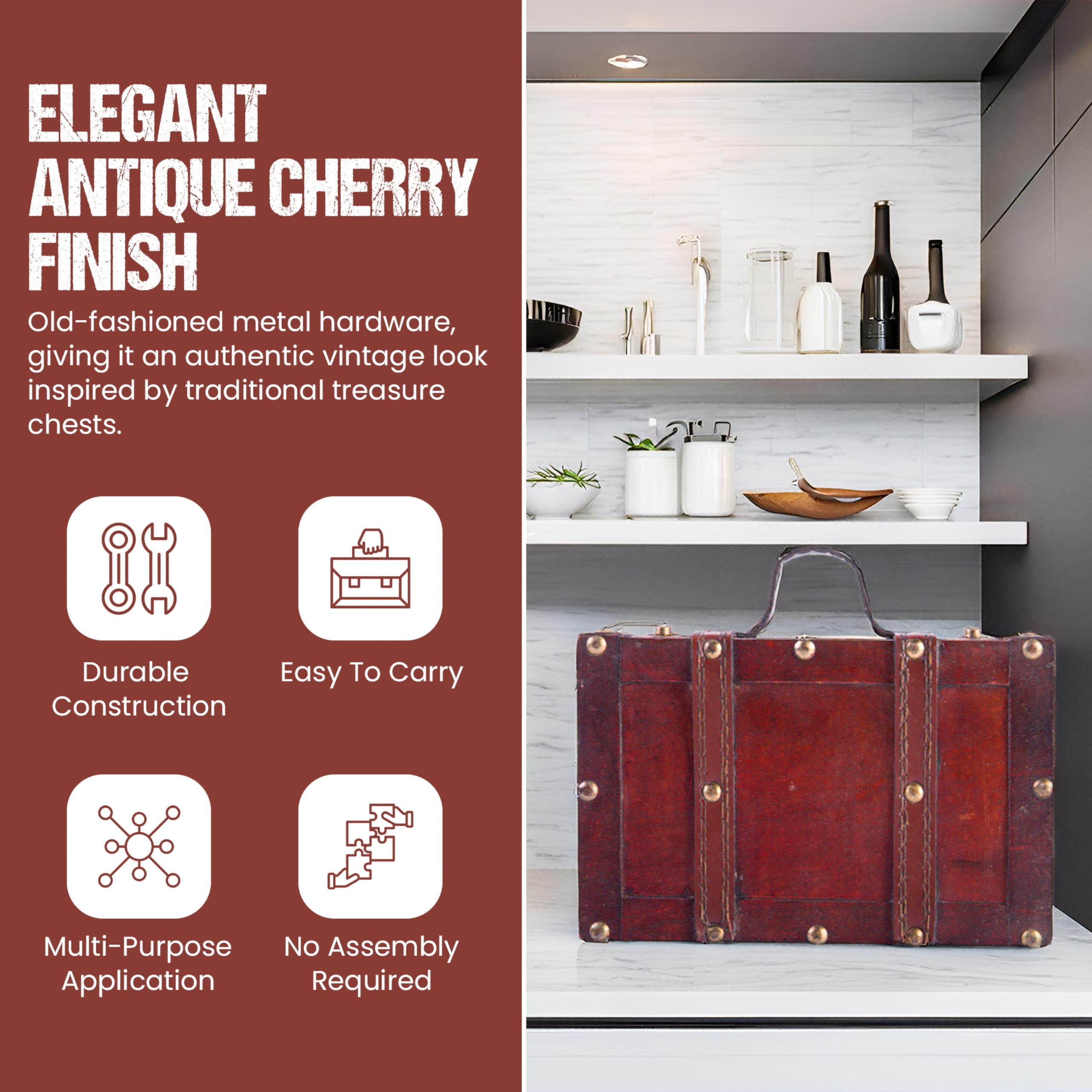 Vintiquewise Old Style-Valigia Decorativa con Cinghie, Set da 2 Pezzi, Legno, Marrone, 38.1 x 26.67 x 13.97 cm