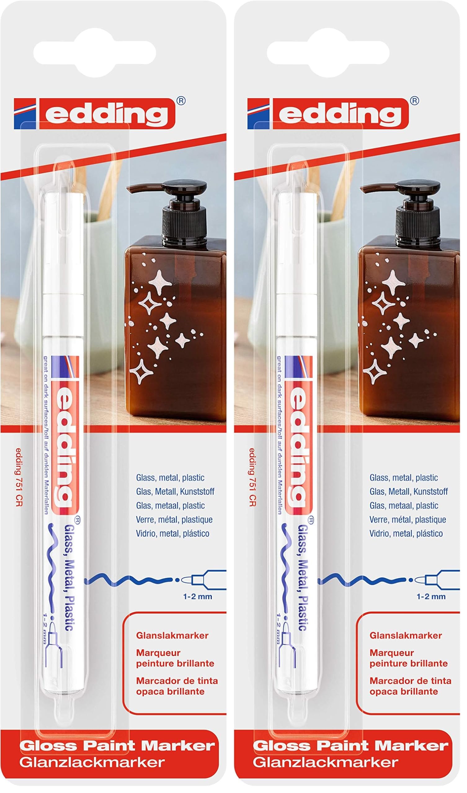 edding 751 Glanzlackmarker - weiß - Packung mit 1 Lackmarker - Rundspitze 1-2 mm - Lackstift für Glas, Stein, Holz, Kunststoff und Papier - wasserfest, stark deckend (Packung mit 2)