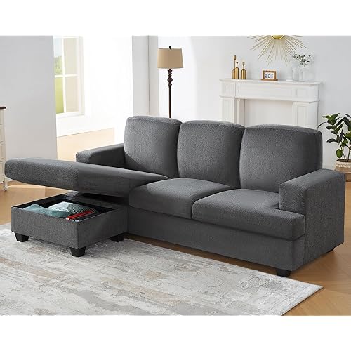 VanAcc 88 Inch Reversible L Shape Sofa, Convertible Sofa with Storage, L Shape Couch with Chaise, Comfy Couches for Living Room, Grey Chenille