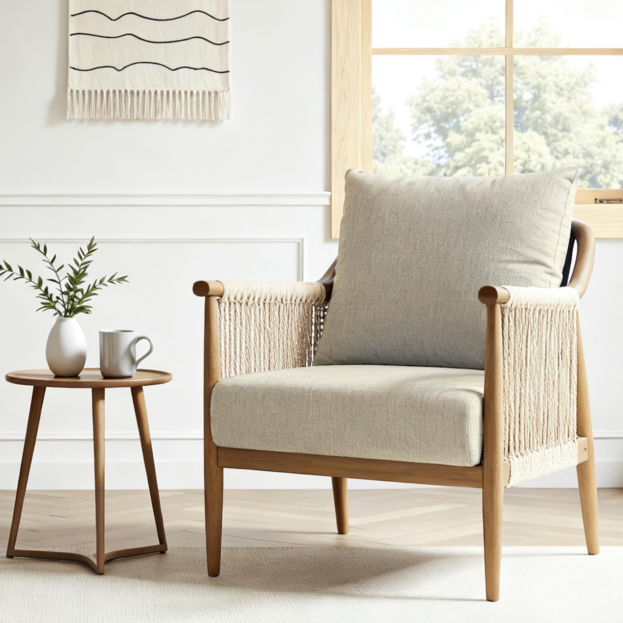Chaise décorative tissée main avec coussin confortable assise beige Flexispot