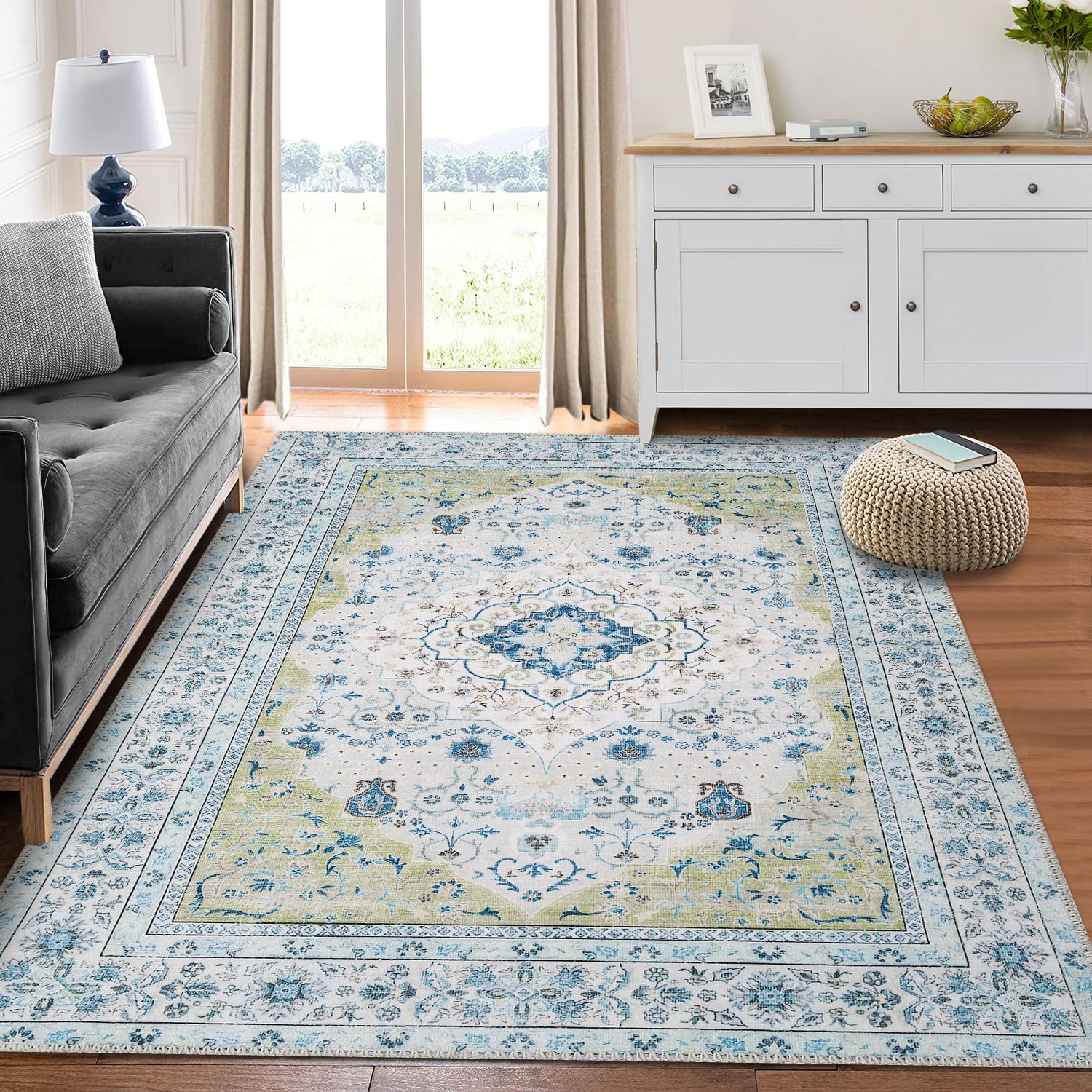 CAROMIO 8x10 Area Rug Machine Washable Rug Vintage Distressed Area Rug Oriental Floral Medallion Accent Rug Stain Resistant Non-Slip Foldable Floor Cover Carpet Rug for Living Room, Green/Grey
