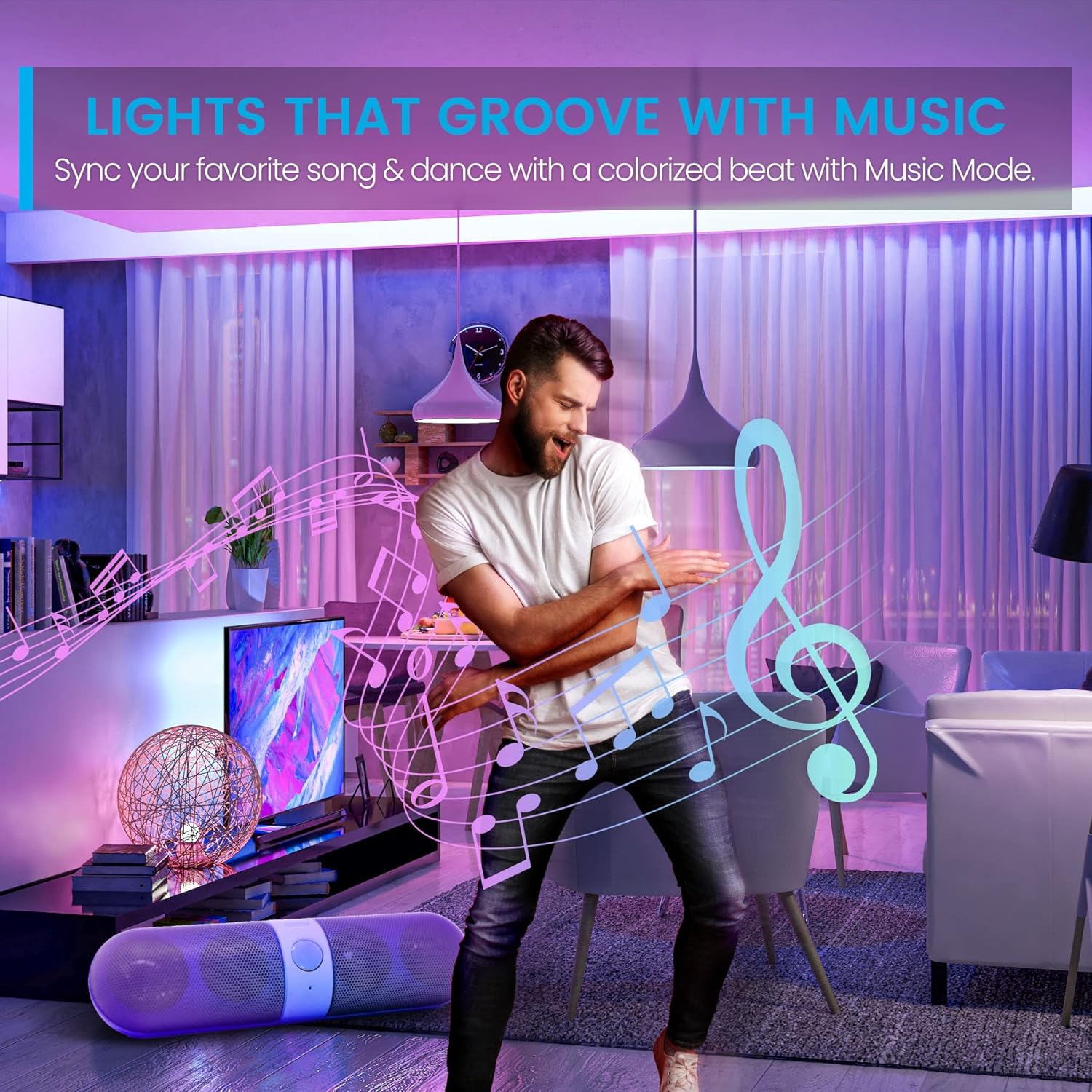 Person dancing in a room lit by Vont RGBIC Strip Lights in music mode
