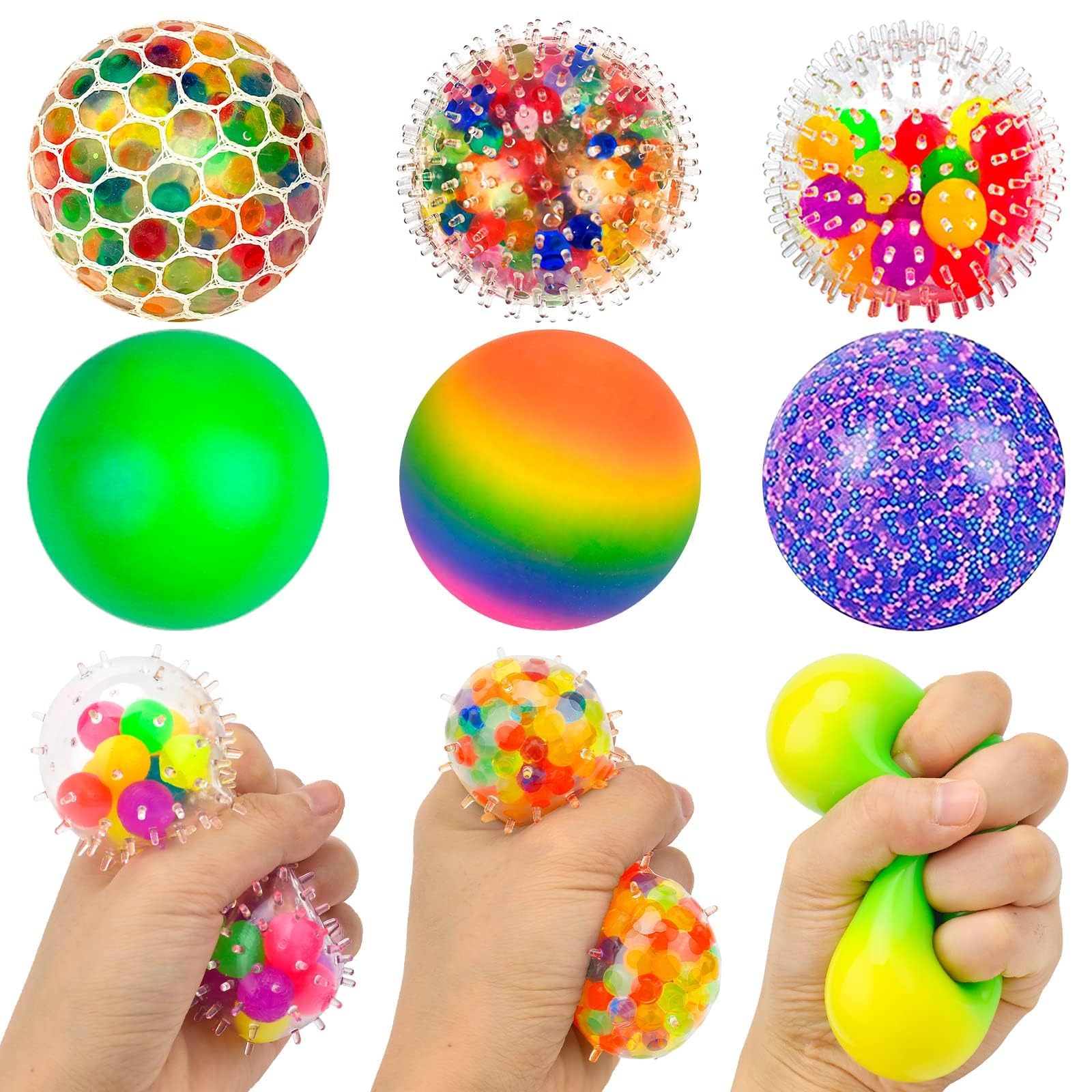 6 Pack Squeeze Stress Ball Rainbow Sensory Squeeze Ball Colour Changing Sensory Toys Mesh Stress Relief Balls Relief dna Stress Balls Fidget Toy for Kids Adults Fun Toy Stocking Filler (d)