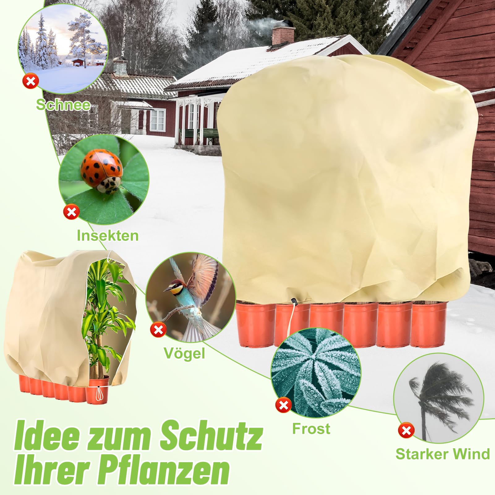 Protezione invernale per piante, 360 x 250 cm, 80 g/m², protezione invernale con coulisse, chiusura lampo, clip di fissaggio, protezione invernale da giardino, materiale spesso, lavabile,