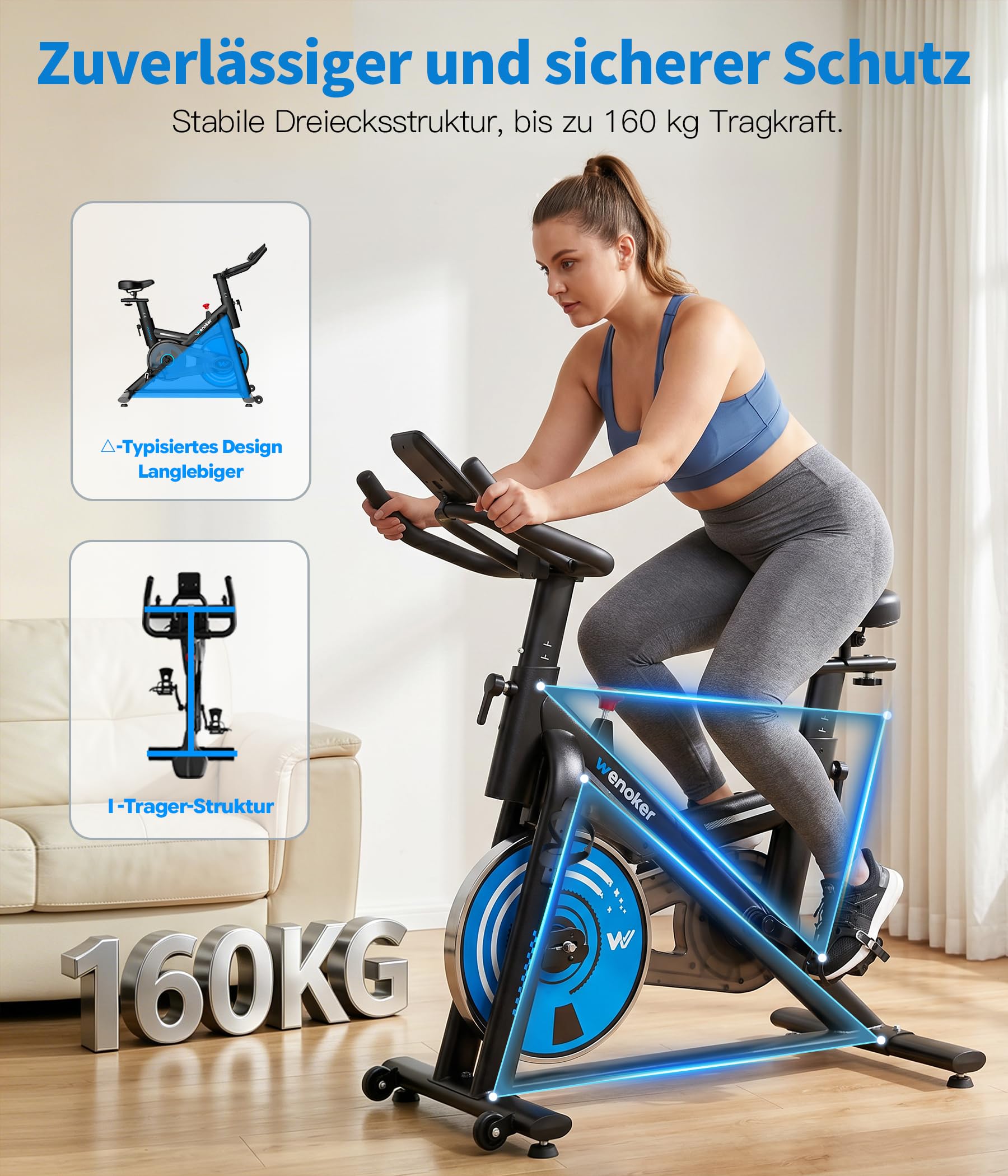 WENOKER Cyclette con app e resistenza regolabile, silenziosa, con display LCD, per interni, ergometro fino a 160 kg, per allenamento cardio, a casa