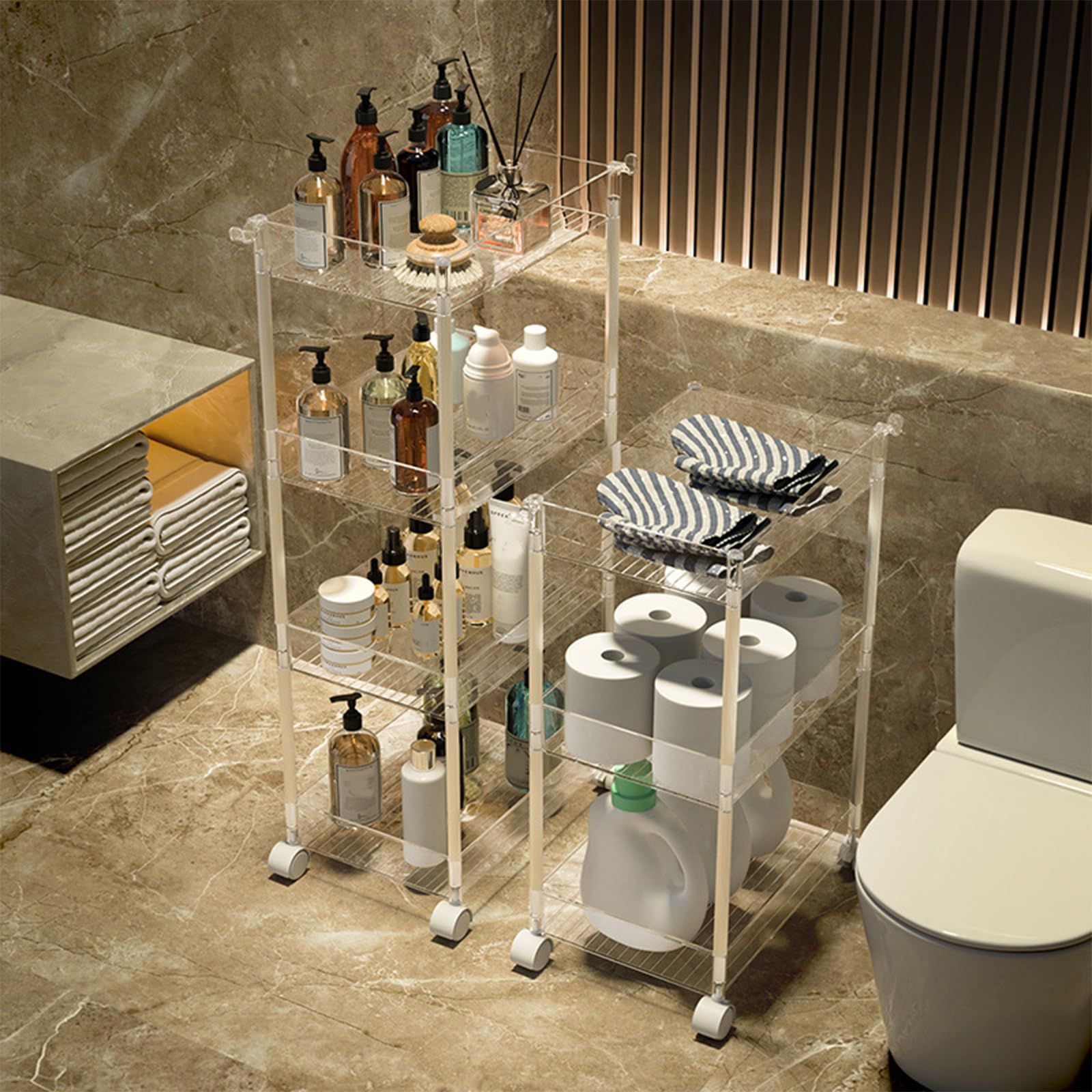 Carrito de almacenamiento de acrílico, carrito utilitario delgado con ruedas, diseño de 3 niveles para lavandería, baño y organización de cocina