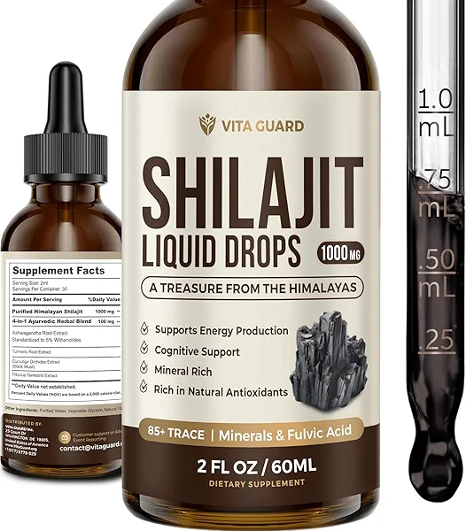Himalayan Shilajit Liquid Drops – 1000mg Energy & Immunity Support with 85+ Trace Minerals & Fulvic Acid – Strength, Vitality Supplement for Men & Women – 30-Day Supply