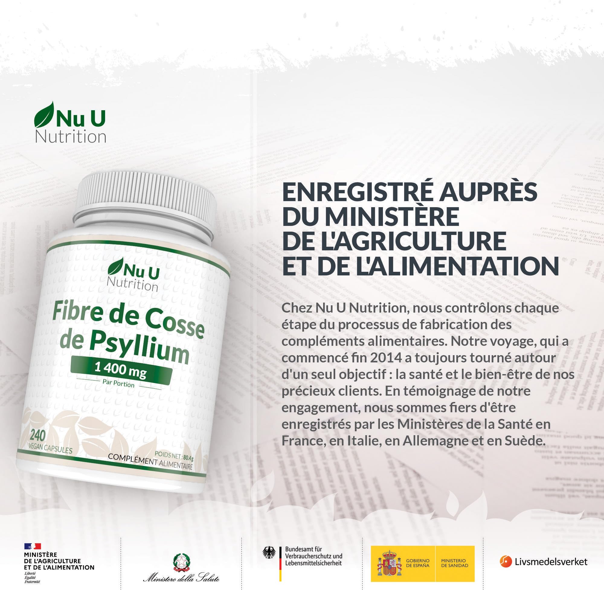 Psyllium Blonde 1400mg par Portion - 240 Gélules Véganes - Fibre Prébiotique Soluble Naturelle Provenant des Graines de Cosse de Plantago Ovata - Fabriqué en Europe – Nu U Nutrition