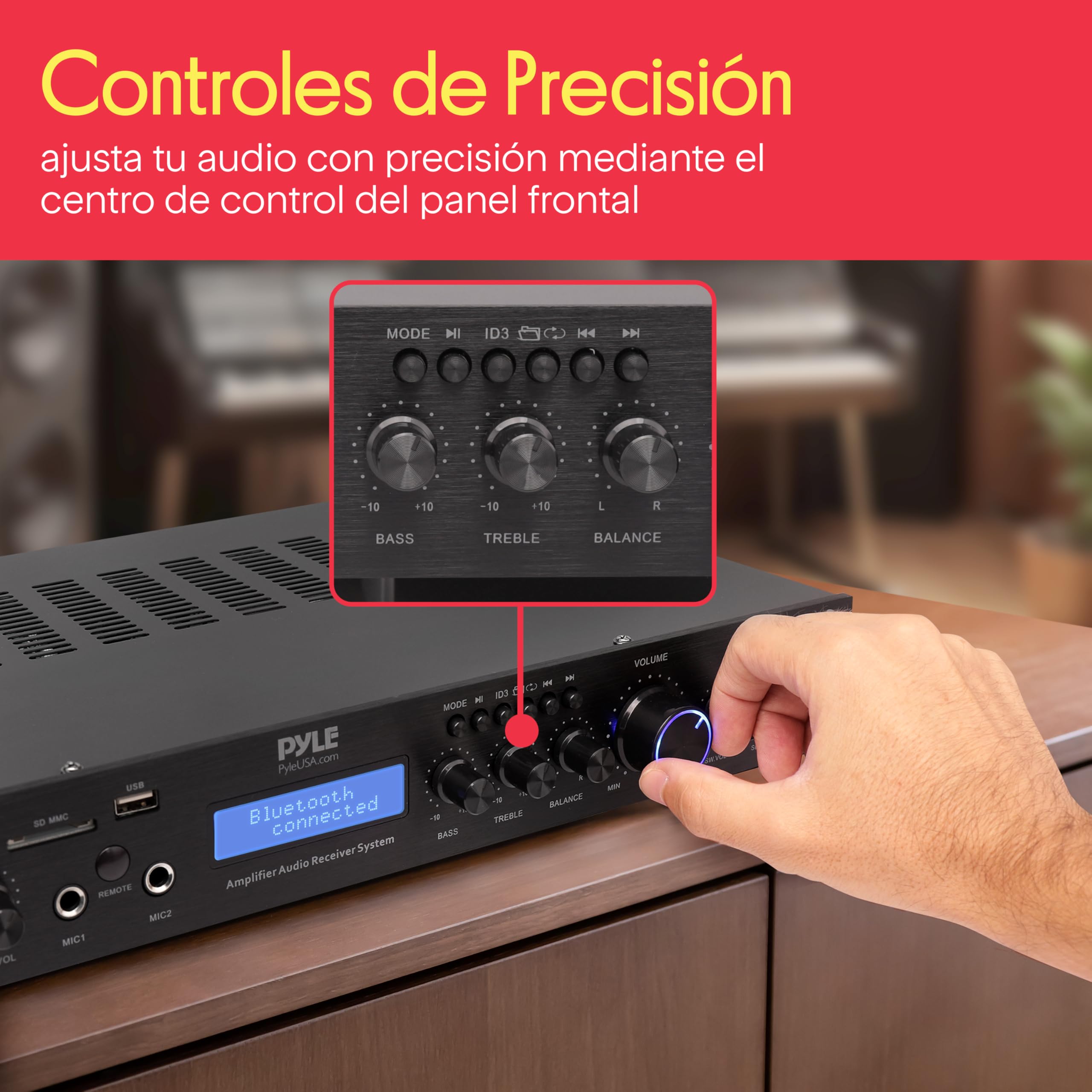 Pyle Amplificador de Audio, Receptor, Montaje en Rack de 5 Canales, Cine en casa, Transmision inalambrica Bluetooth, Radio MP3/USB/SD/AUX/FM, 200V, Pantalla LCD Digital ID3