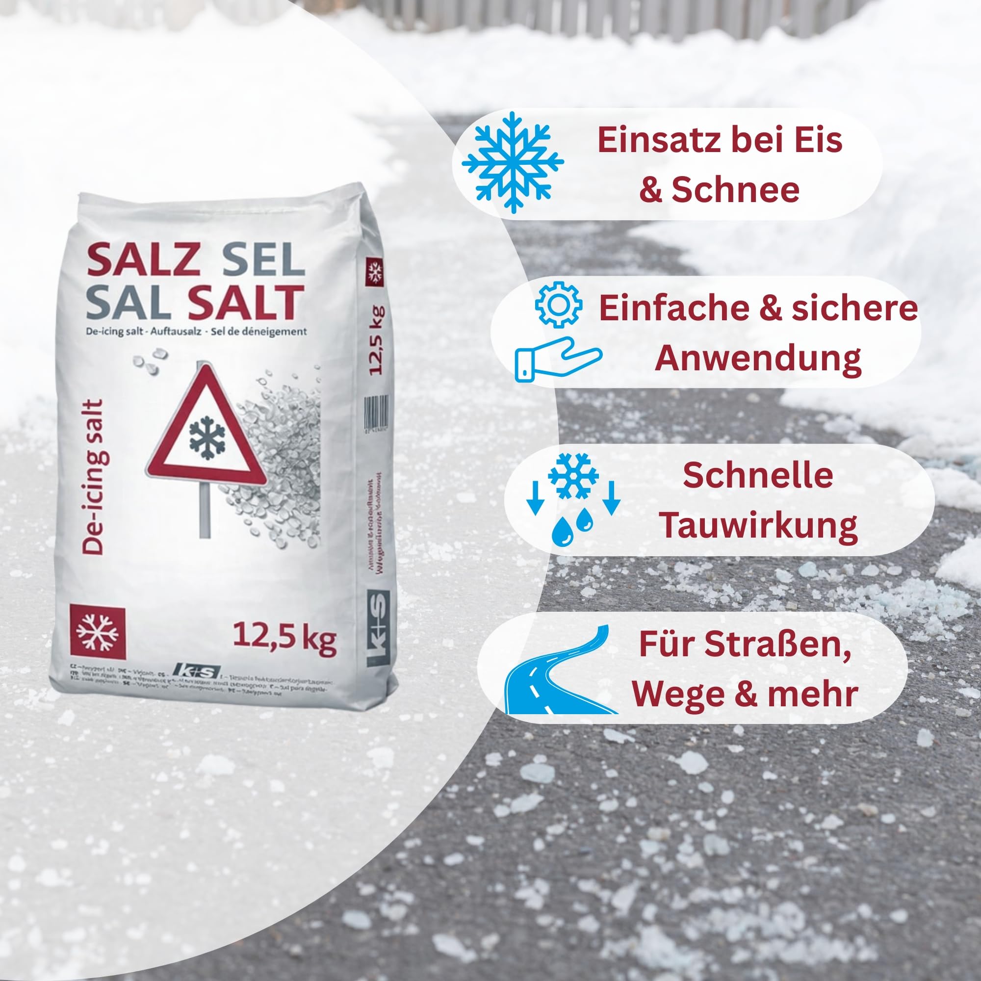 Streusalz 12,5 kg – Auftausalz gegen Eis & Schnee – Hochwirksames Tausalz für Gehwege, Einfahrten & Höfe – Schnelle Eisauflösung im Winter & HLKauf-Block