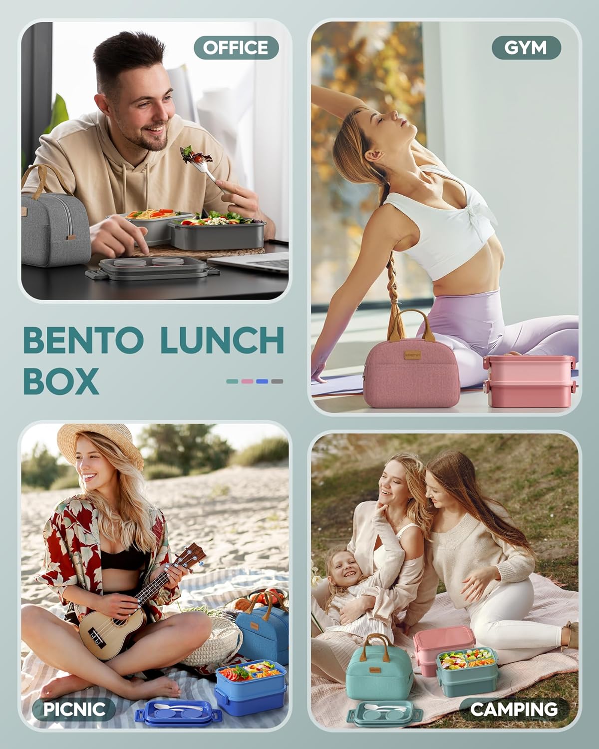 Adults Bento Lunch Box Set with Thermo Bag, 74oz Stackable Leak-proof 3-tiers Bento Box, Built-in Utensil and Sauce Container for Work, School, Dining Out (Green) - Image 7