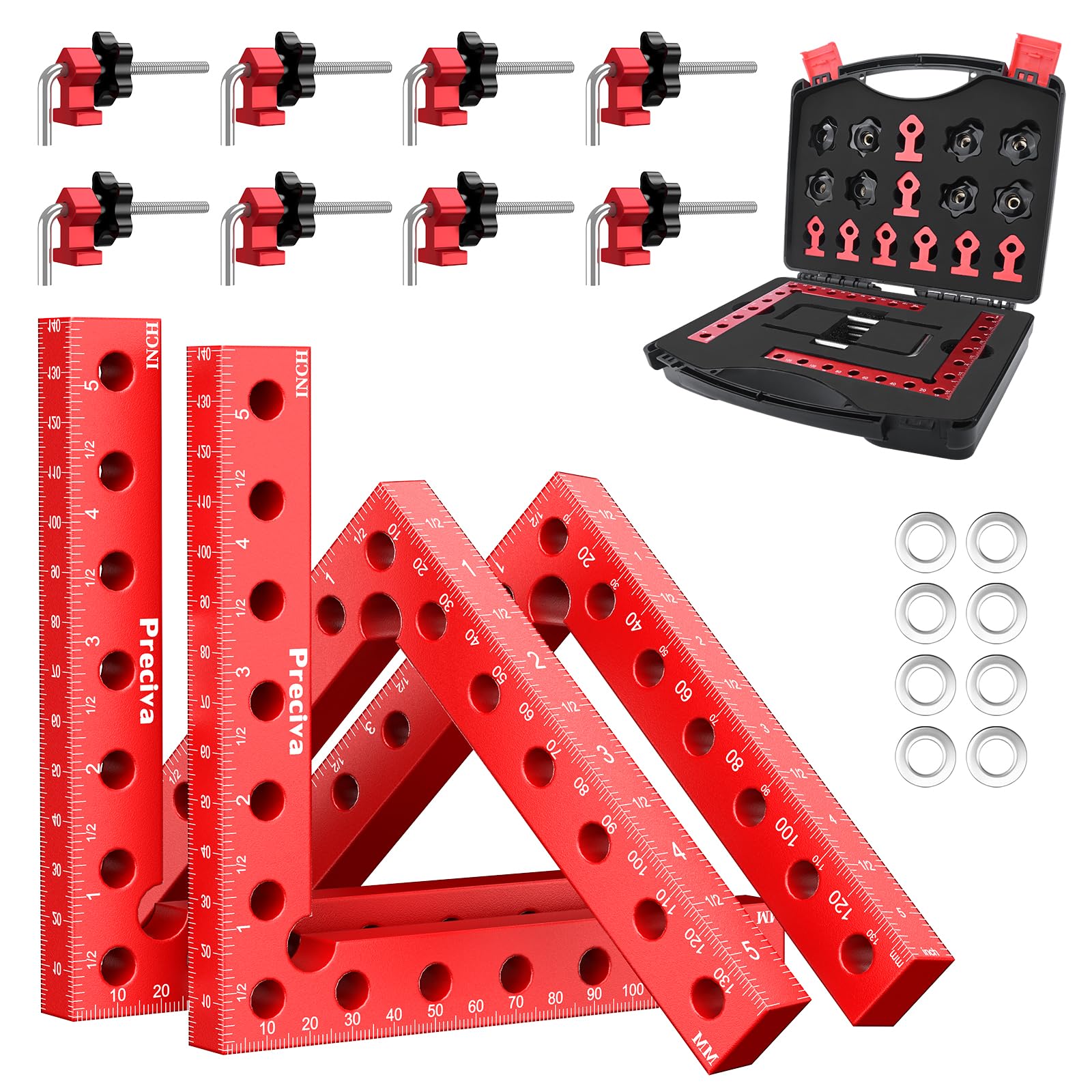 Preciva Équerre de Positionnement à 90° avec Coffret, Pince d'Angle en Alliage d'Aluminium et Acier Inoxydable pour Menuiserie, Bloc de Menuiserie Professionnel pour Cadres, Armoires, Tiroirs