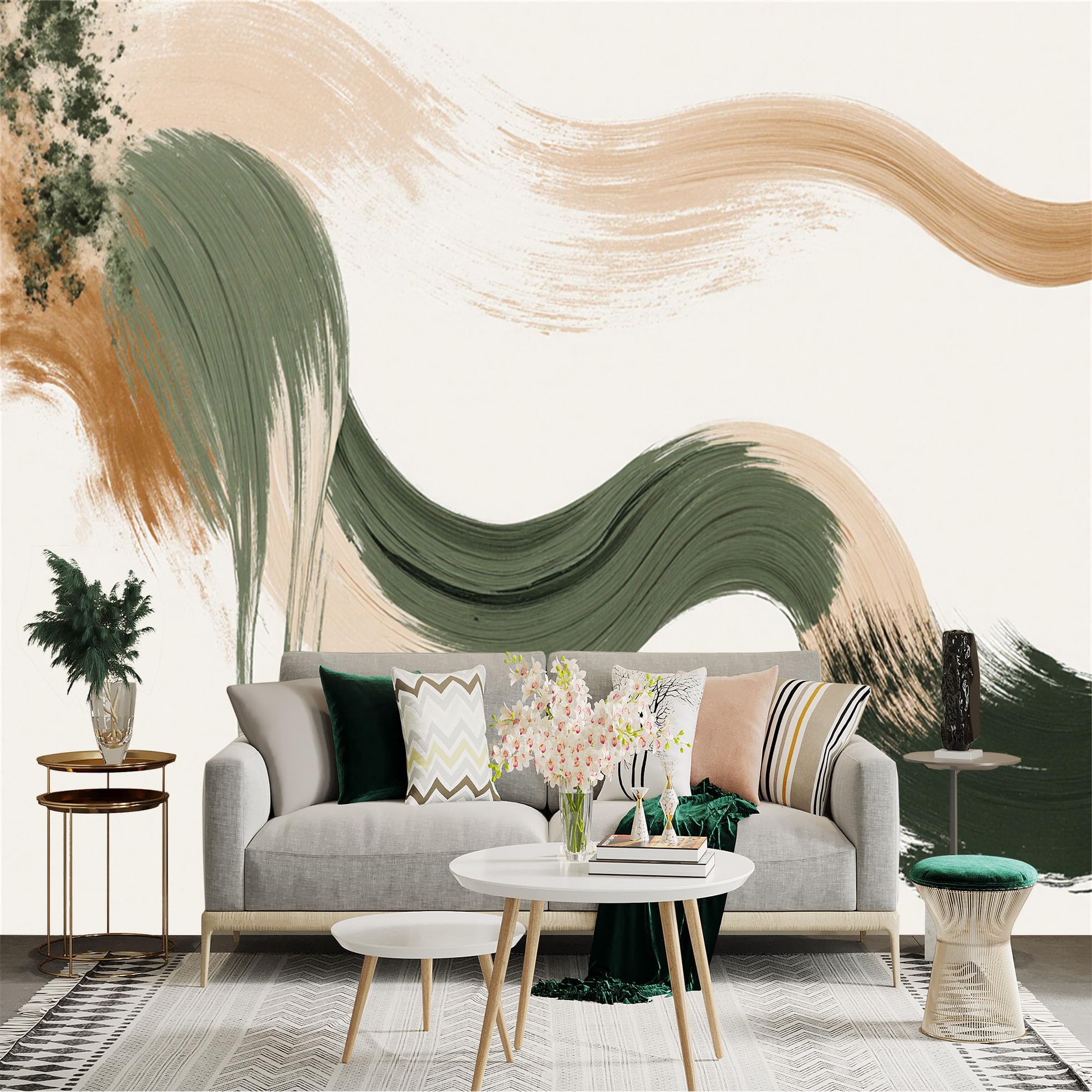 Custom Size Wall Sticker Mural， Modern Abstract Brush Strokes， Minimalist Earth Tone Shapes， Contemporary Beige and Sage Art， for wall Decoration， peelandstick wall Decals.