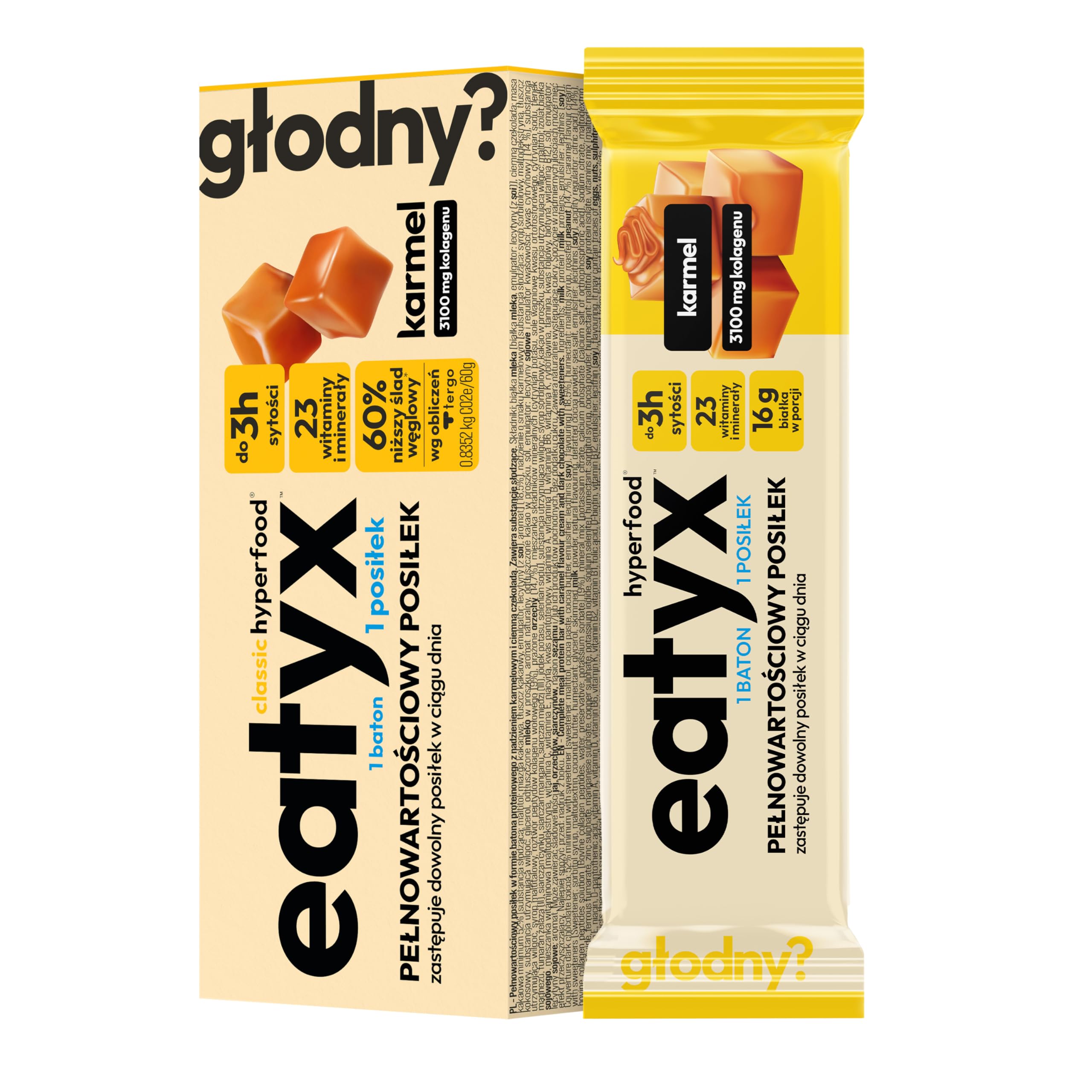 eatyx Baton Karmelowy I Pełnowartościowy Posiłek w Formie Batona I 60g I Źródło 3100 mg kolagenu I Bez cukru i konserwantów I Bez glutenu