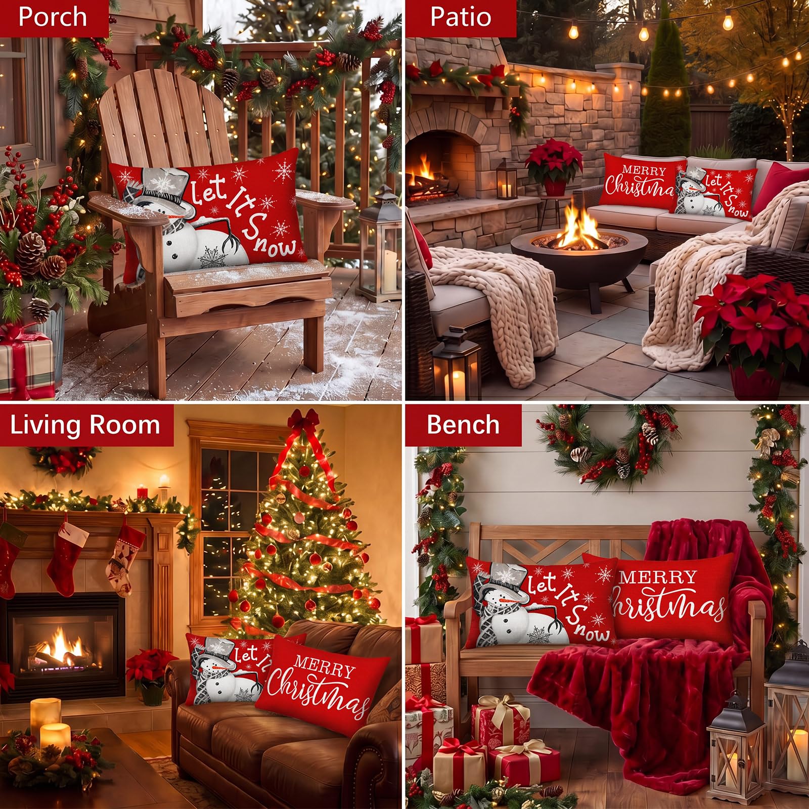Yukro Red Merry Christmas Snowman Outdoor Waterproof Pillow Covers – Pack Of 2, 20x12 Inch Holiday Decor With Trees, Snowflakes & Deer For Patio, Garden, Sofa & Couch