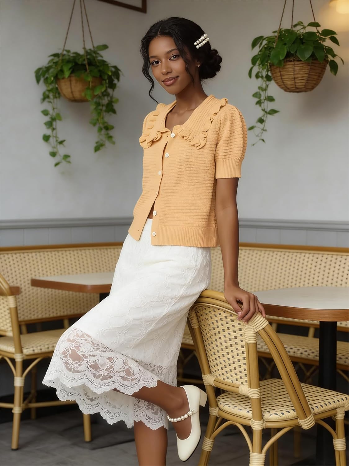 VAOYIU Women's Ruffle Collar Knit Cardigan Short Sleeve Button Down Sweater Top Vintage Cropped Ribbed Summer Outerwear(Orange-L)