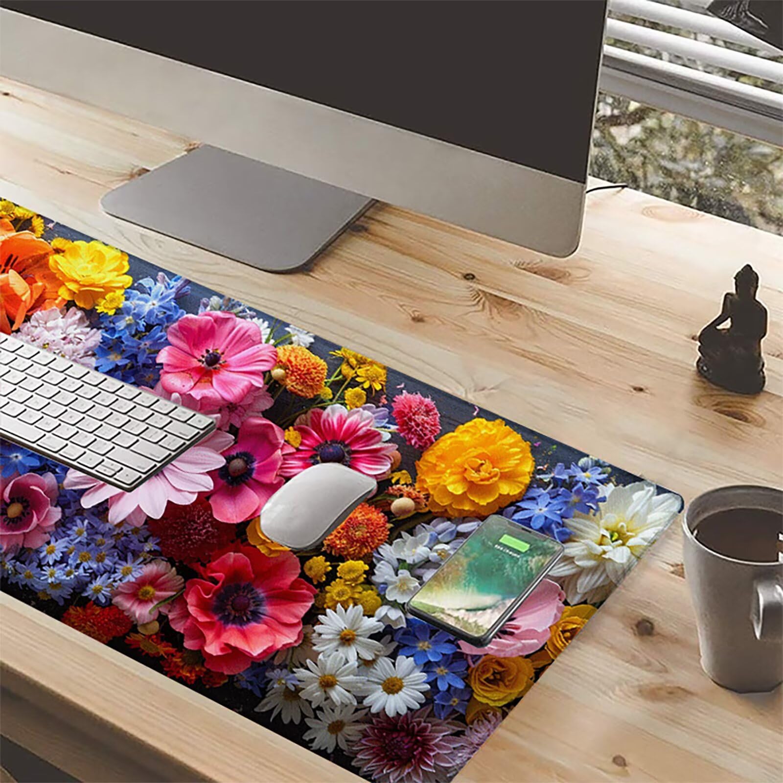 Flor Alfombrilla Ratón Gaming XXL 1500x800mm, Alfombrilla Gaming Rosa Mousepad con Base de Goma Antideslizante, Impermeable Desk Mat para Teclado y Raton, Accesorios Gaming, Regalos de Hombre 1-0