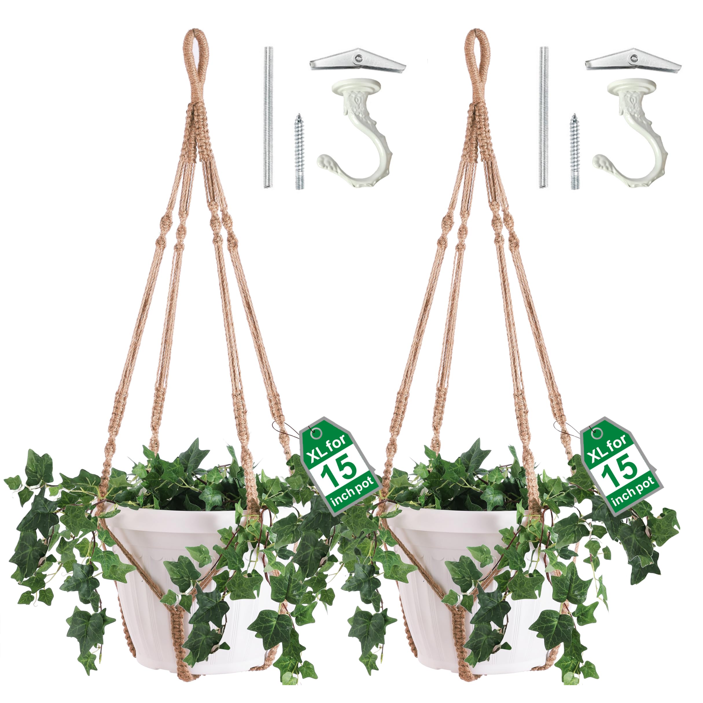 Lot de 2 suspensions géantes XXL de 140 cm en macramé pour pot de 38,1 cm + crochet pour plantes d'intérieur | Pot/plante non inclus (jute XXL)