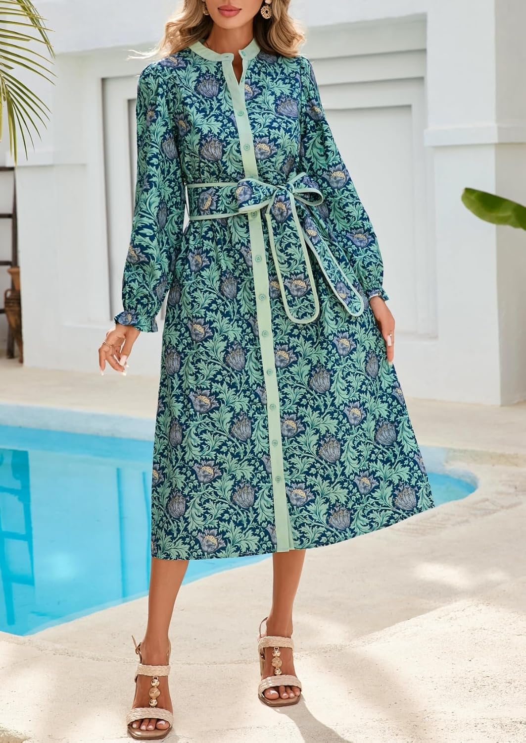 Women Floral Midi Dress Long Sleeve Button Down Shirt Dress with Belt - Image 5