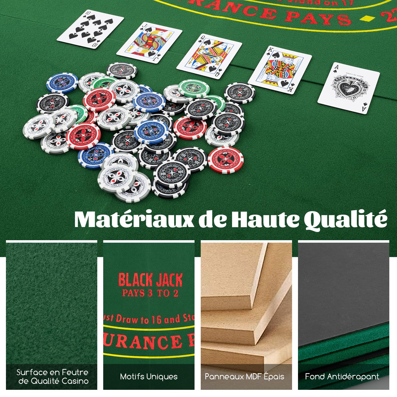 COSTWAY Plateau de Poker Pliable 120x120cm Octogonal pour 8 Joueurs, Tapis de Table de Poker avec Porte-Gobelets & Plateaux à Jetons, Sac de Transport, Support de Poker pour Casino