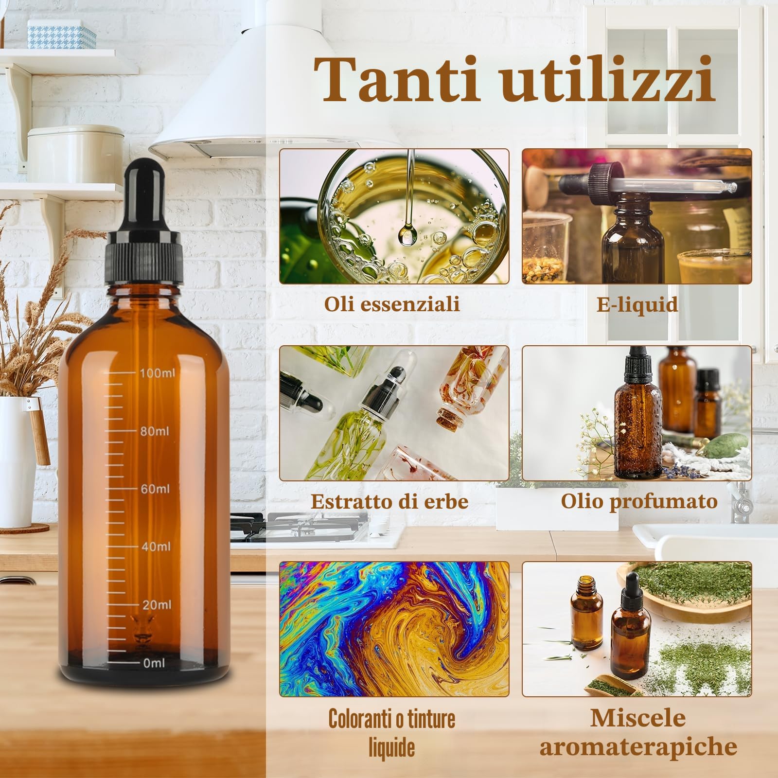 6 Pezzi Contagocce Vetro 100ml, Marrone Bottiglie Contagocce in Vetro, Flaconi Contagocce con 2 Imbuti 2 Pipette Contagocce 1 Adesivo, Flaconi Ricaricabili per Laboratorio Olio Essenziale