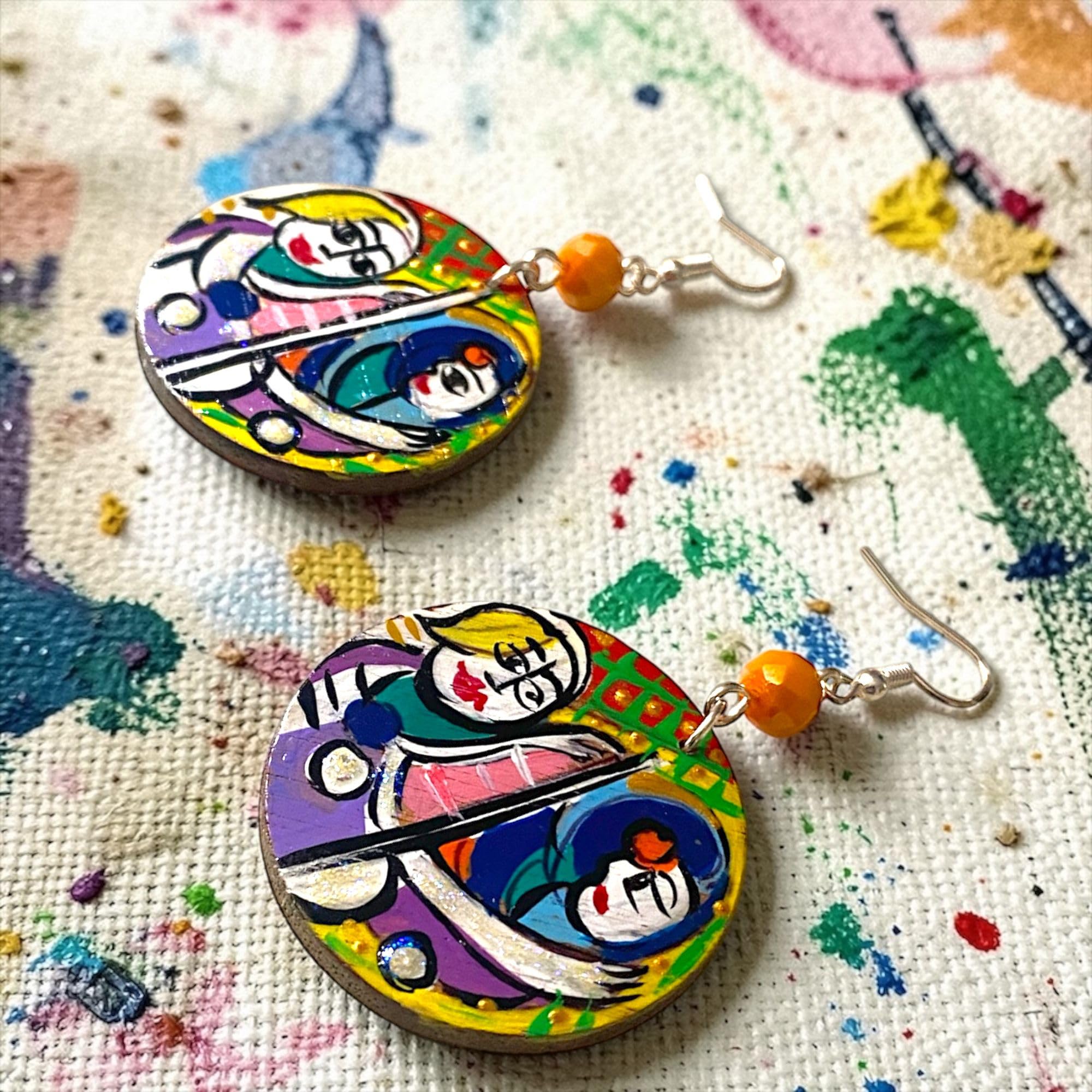 Boucles d'oreilles peintes à la main - LA FILLE AU MIROIR PAR PICASSO - Boucles d'oreilles pour femmes, Bijoux en bois peint, Crochet en argent, Made in Italy, Bijoux, Artisanat