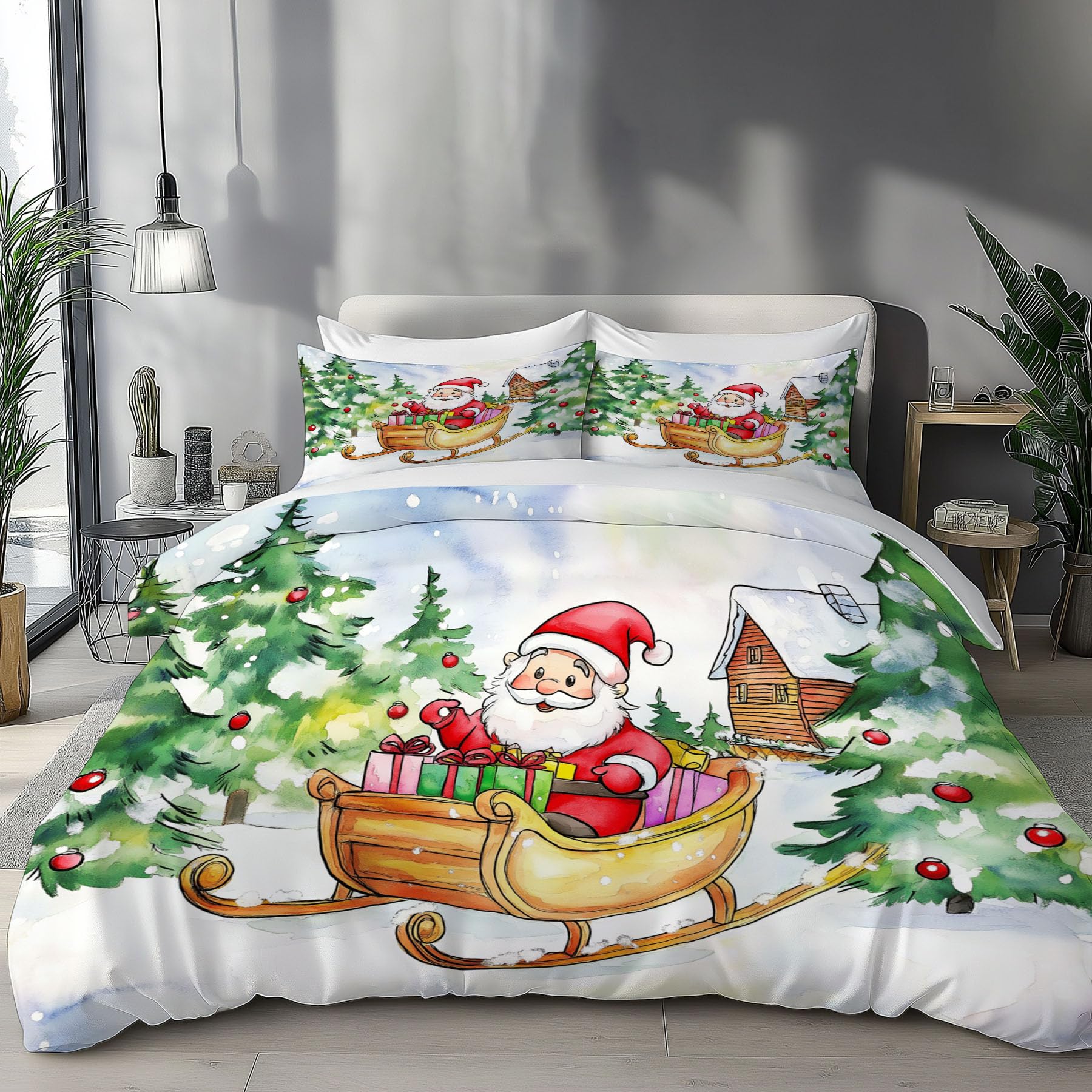 Housse de couette Le Père Noël 240x260 cm en microfibres verte et rouge avec 2 taies d'oreiller