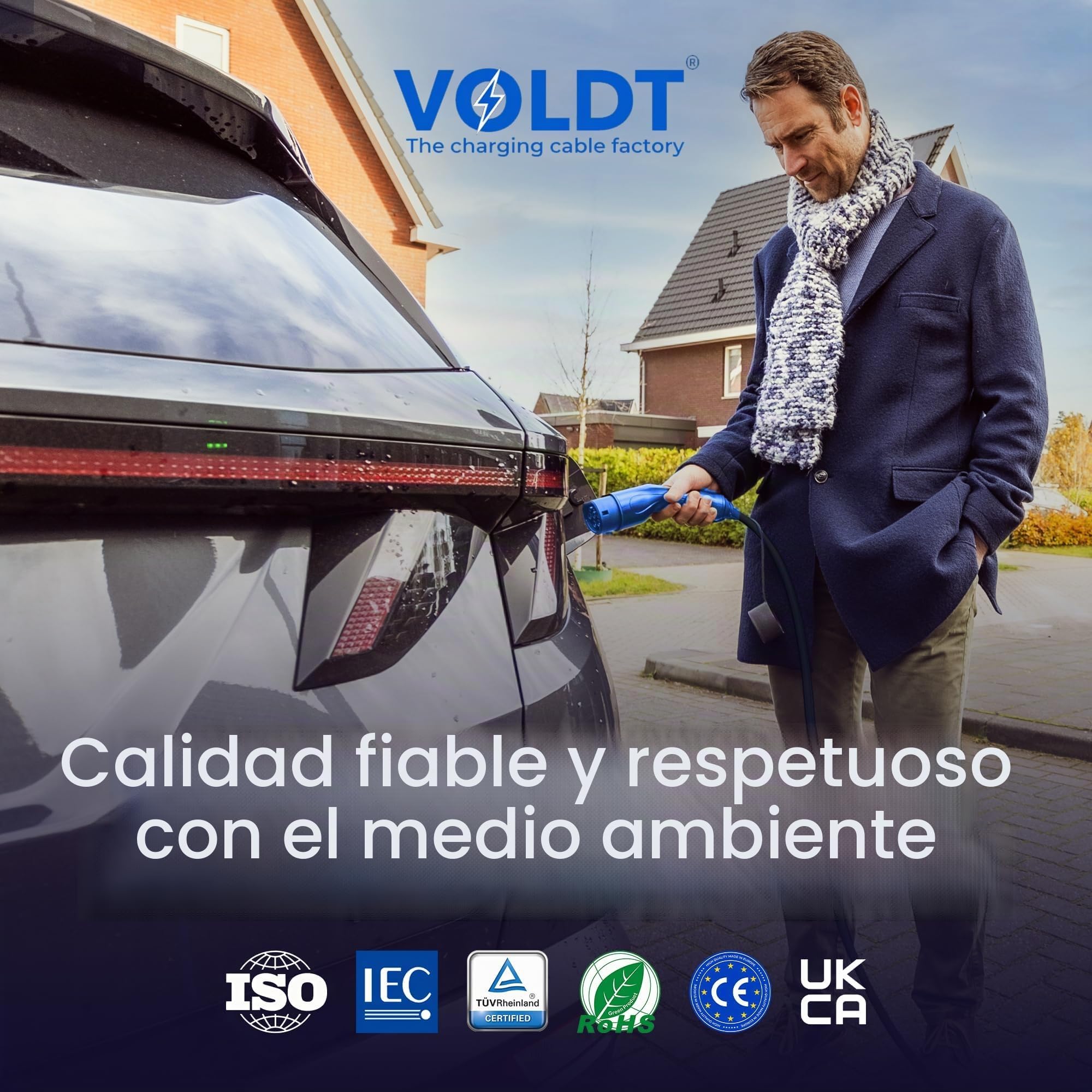 Voldt - Adaptador tipo 2 (terminal de carga) a enchufe Schuko tipo F 230V, 3,7kW, 8-16A, impermeable IP67, certificado CE/UKCA/TÜV (5 longitud)