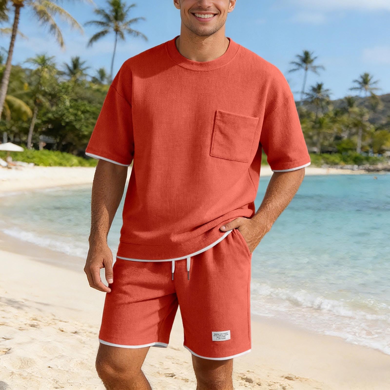 Waffle Sommer Outfit Herren 2 Teiler Herren Sommer Outfit Zweiteiler Kurz Trainingsanzug Shorts und Tshirt Set Sportanzug Jogginganzug Kurz Zweiteiler Freizeitanzug Sport Kleidung S-4XL