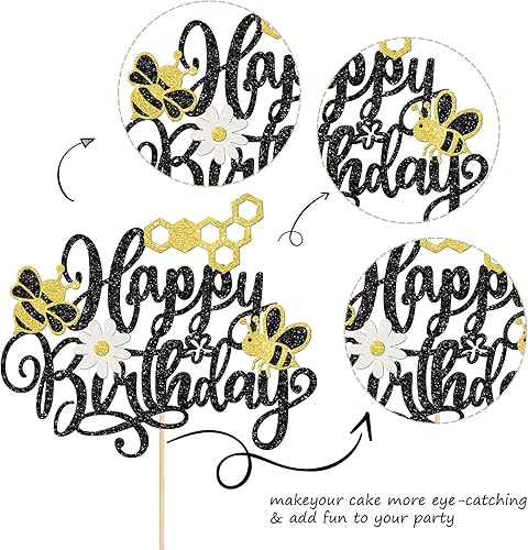 Miniatura 2 de 1 decoración para pastel de cumpleaños con purpurina de panal de abeja y flores, selección de pastel de feliz día para baby shower, suministros de