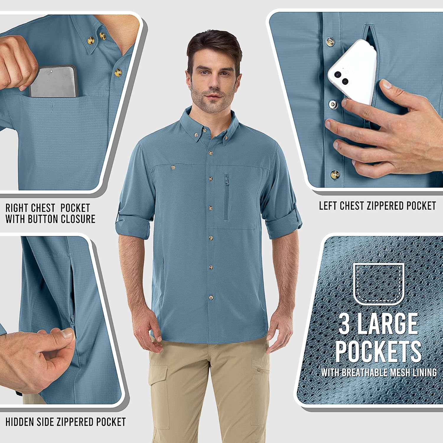 Outdoor Ventures Men's Long Sleeve Hiking Shirt UPF 50 UV Sun Protection Shirt Cooling Quick Dry for Travel Fishing Safari - Image 2