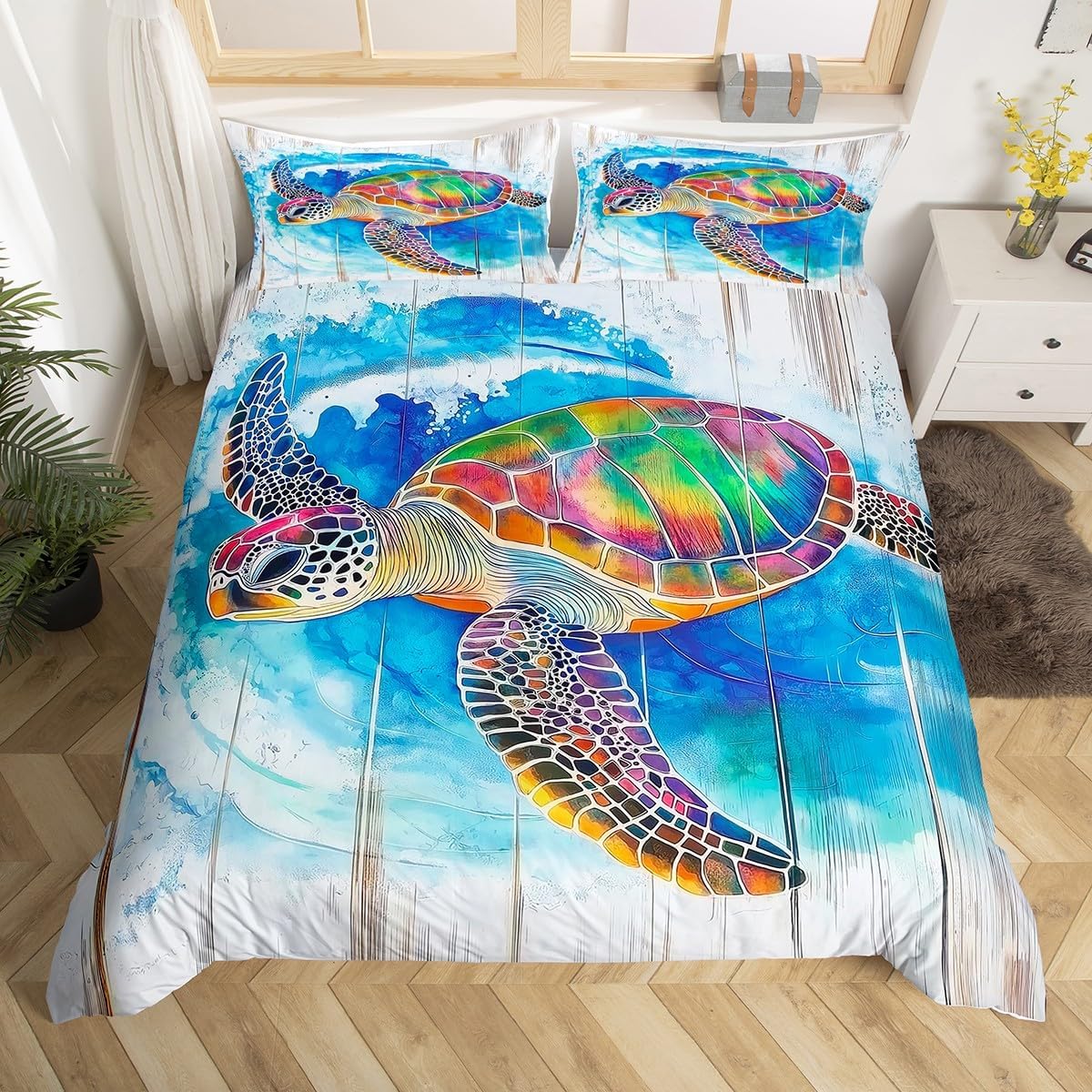 Sea Turtle Duvet Cover Set Toddler Size Watercolor Blue Tie Dye Bedding Set for Kids Girls Boys Teens Rustic Wooden Board Comforter Cover Ocean Sealife Quilt Cover,1 Pillowcase(No Comforter)