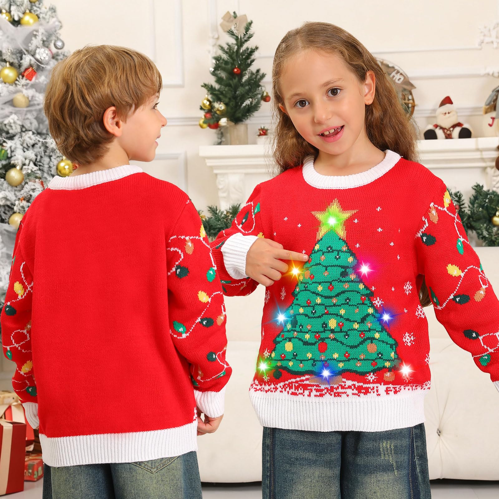 Maglione Natalizio Bambino con Luci, Maglioni Natalizi Bambini Divertenti, Girocollo Maglioncino Natalizio Famiglia Led Ugly Christmas Sweater,Brutti Maglioni di Natale per Bimbo/Bimba/Ragazza/Ragazzo