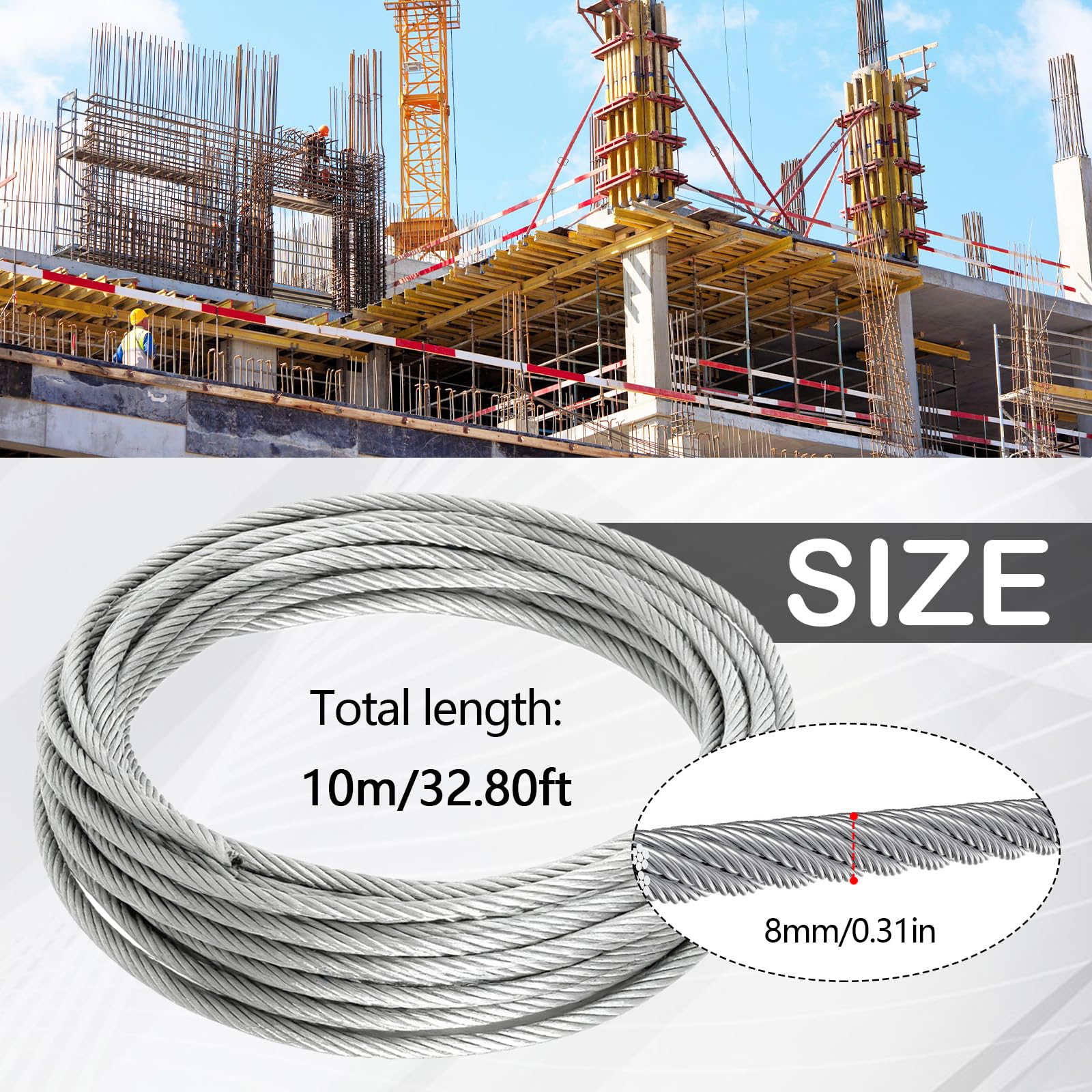 Fune D'acciaio da 8 mm, Cavo Flessibile in Acciaio Inossidabile da 10 m 7 x 19 Corda Metallica con Rivestimento in PVC per il Fissaggio di Biciclette Pergole Tende Griglie Tosaerba Stendibiancheria