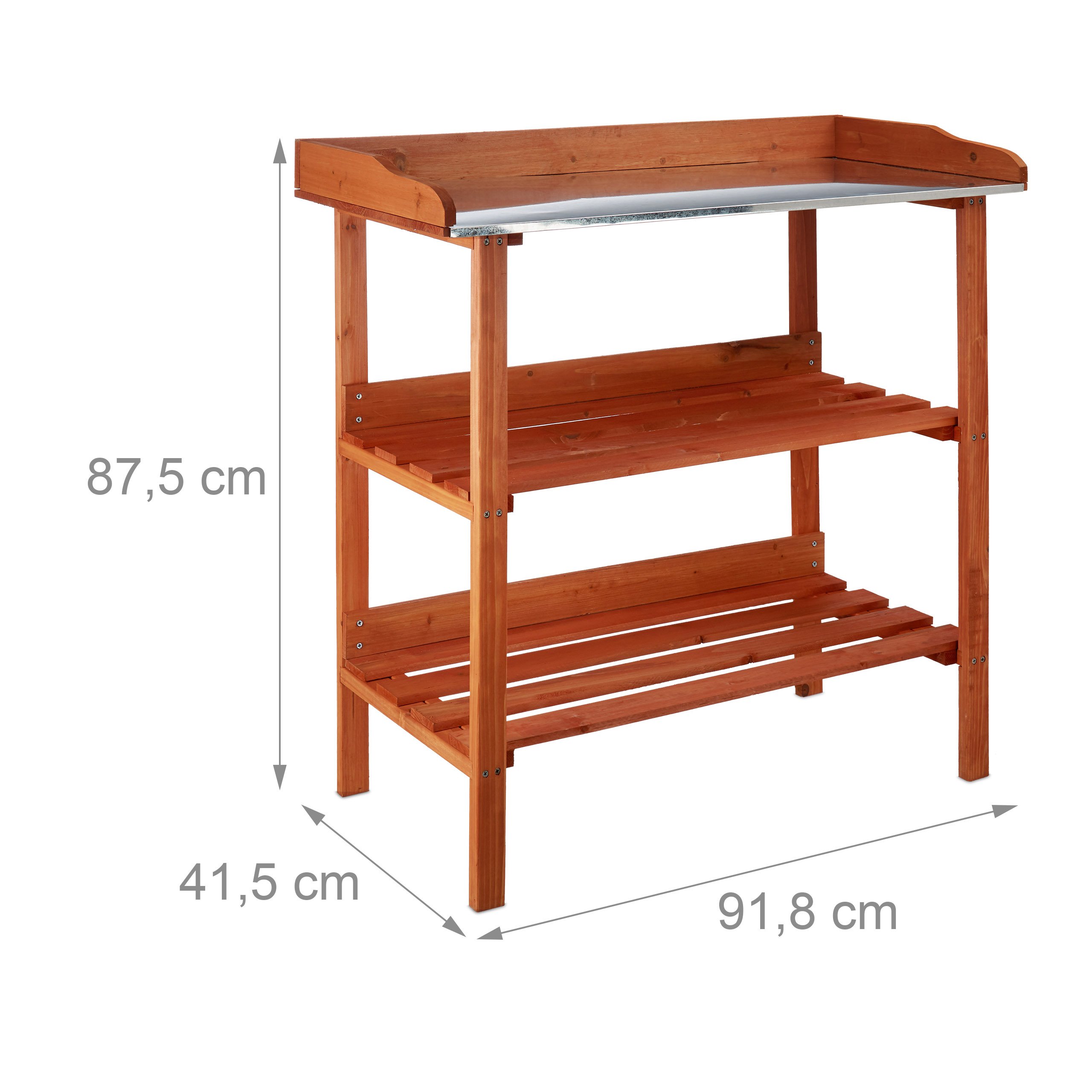 Relaxdays Pflanztisch, Holz, Metallplatte, 3 Ebenen, Arbeitsplatte Gewächshaus, HBT: 87,5 x 91,8 x 41,5 cm, orange