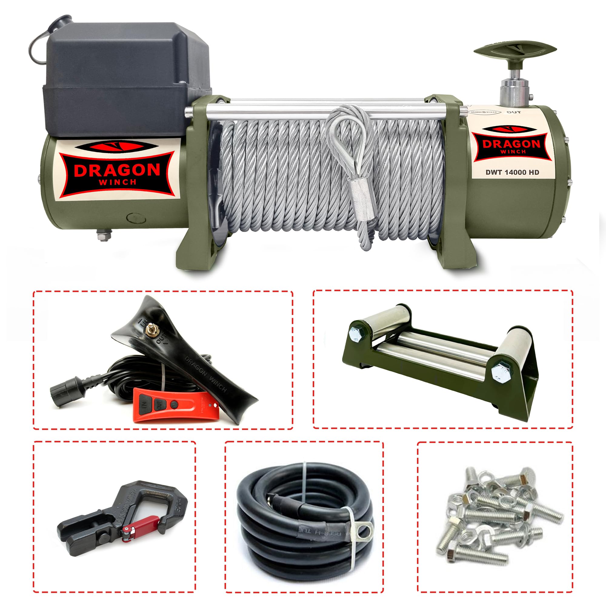 Dragon Winch Cabrestante eléctrico 24V 14000 lbs / 6350 kg con Cuerda de acero 30m para camiones, vehículos comerciales, bomberos | con control remoto inalámbrico y accesorios para Cabestrante | Truck
