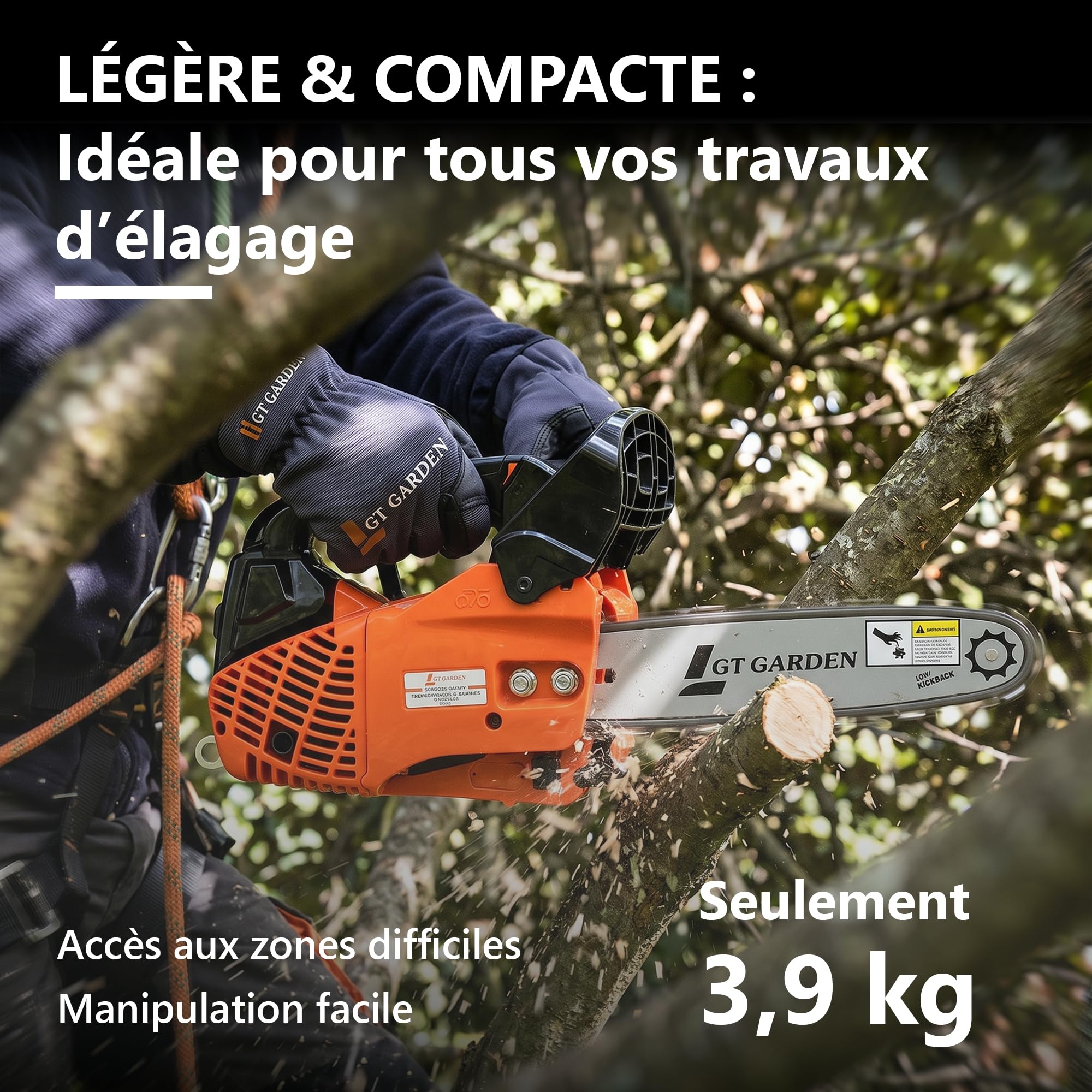 Tronçonneuse élagueuse thermique 25 cm3, 1 CV, guide 26 cm, 2 chaînes
