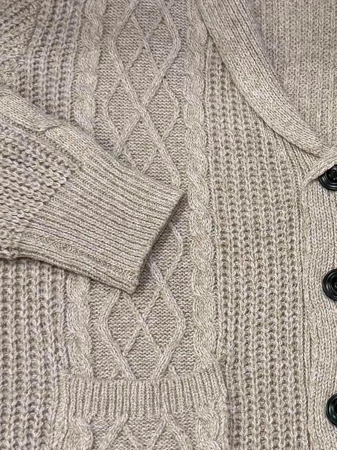 Classic Cable Knit Cardigan Sweater, Gray, Cotton Blend, Button Front, V-Neck, Casual Style, Men's (US, Alpha, X-Large, Regular, Regular, Khaki)