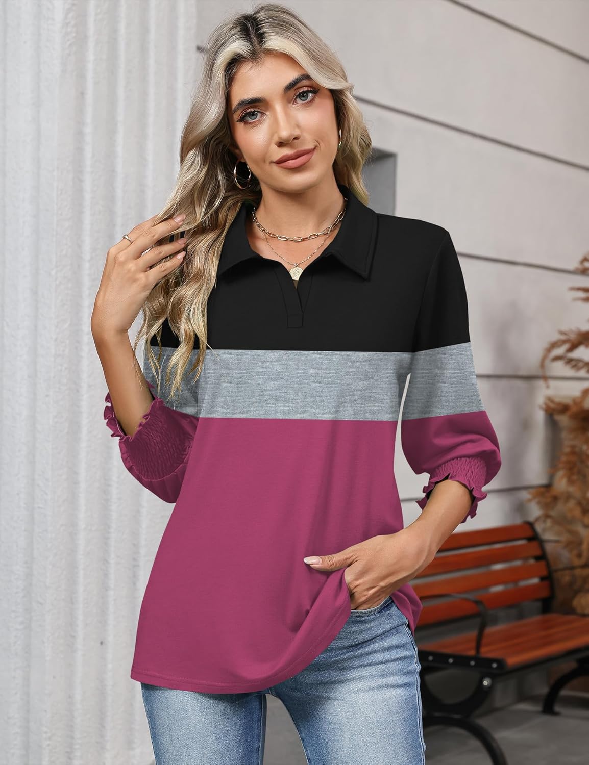 Ivicoer Womens 3/4 Length Sleeves Polo Shirts Collared Tops Business Casual Blouses Basic Tees Trendy Outfits Spring Clothes - Image 2