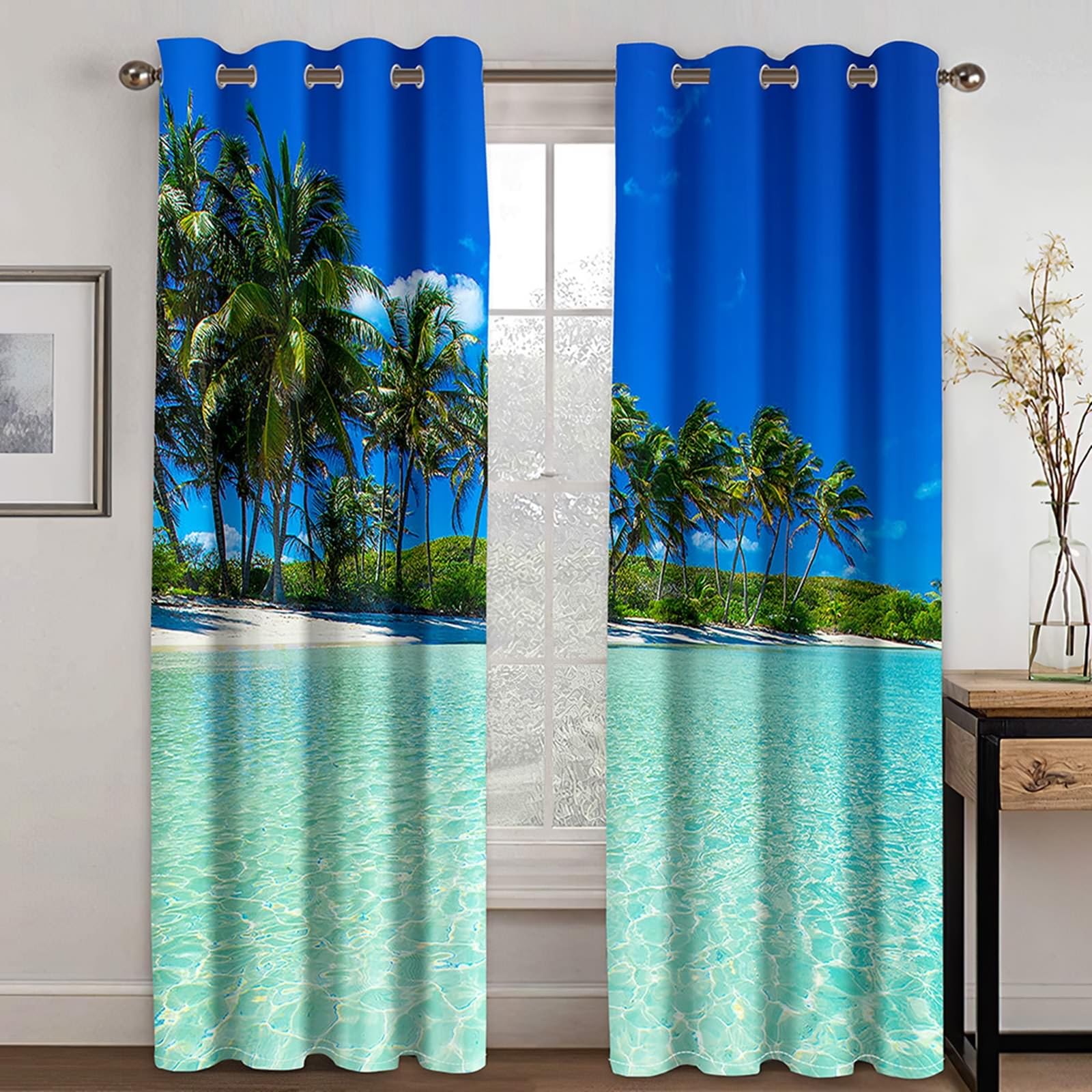 Vorhänge Blickdicht, Verdunklungsvorhänge Palmen Meer Strand Landschaft 2er Set H 183 x B 107 cm Abdunkelnde Gardinen Ösen für Wohnzimmer
