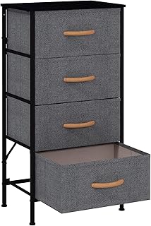 KU Syang Dresser with 4 Drawers - Fabric Chest of Drawers with Large Storage Space, Modern Tall Tower Unit Storage Organiser for Living Room/Bedroom, Wooden Top and Metal Frame (Black/Grey)